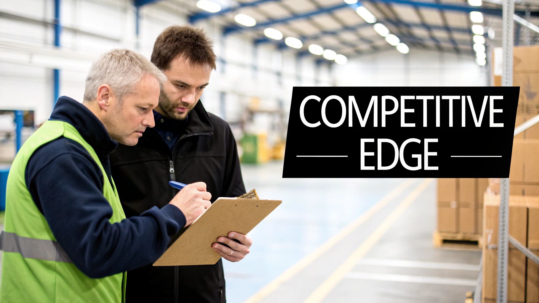 Two men in a warehouse, one in a safety vest, reviewing a clipboard for logistics or inventory.