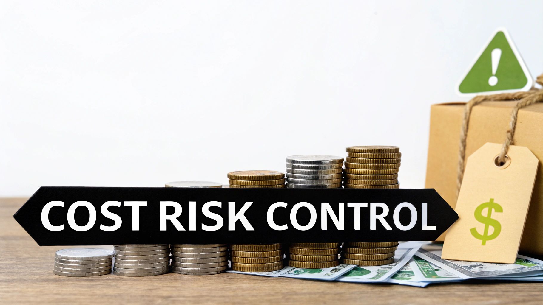 Stacks of coins and banknotes with a 'COST RISK CONTROL' sign and a dollar tag, symbolizing financial management.