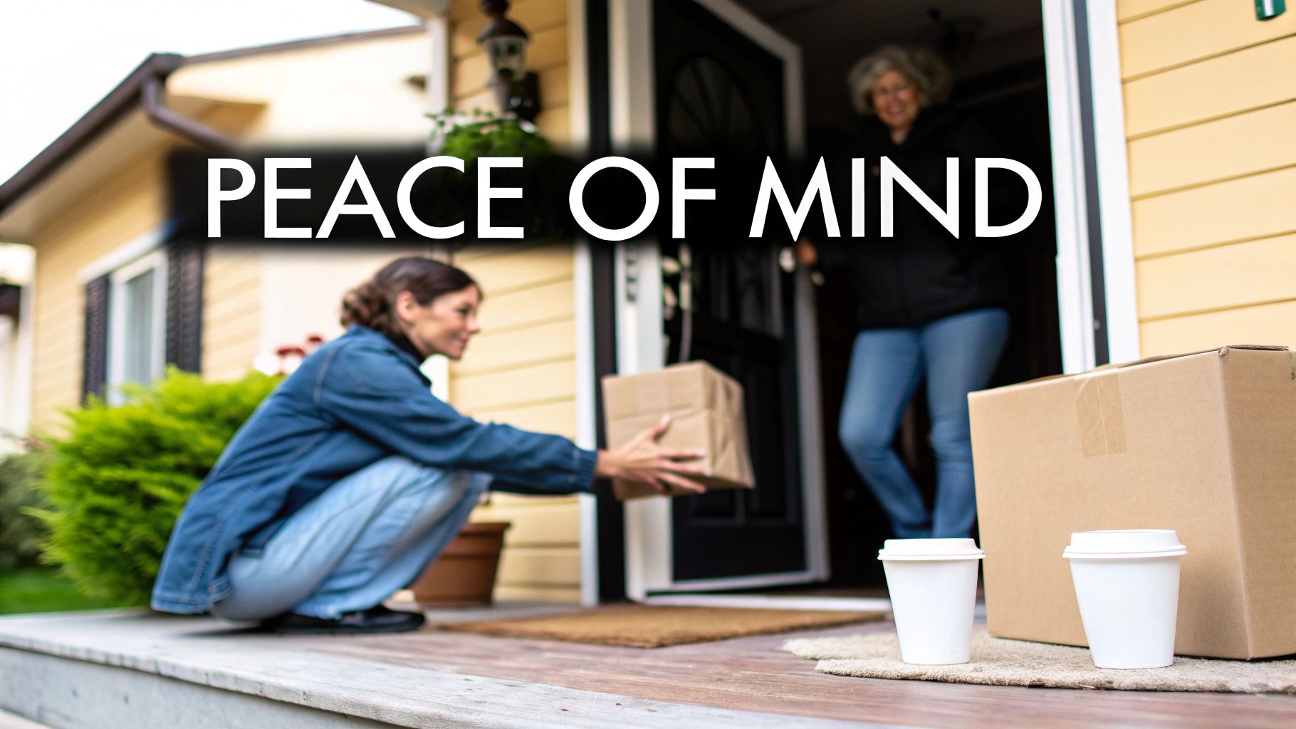 A delivery person hands a package to a woman crouching on her doorstep, with text 'Peace of Mind'.