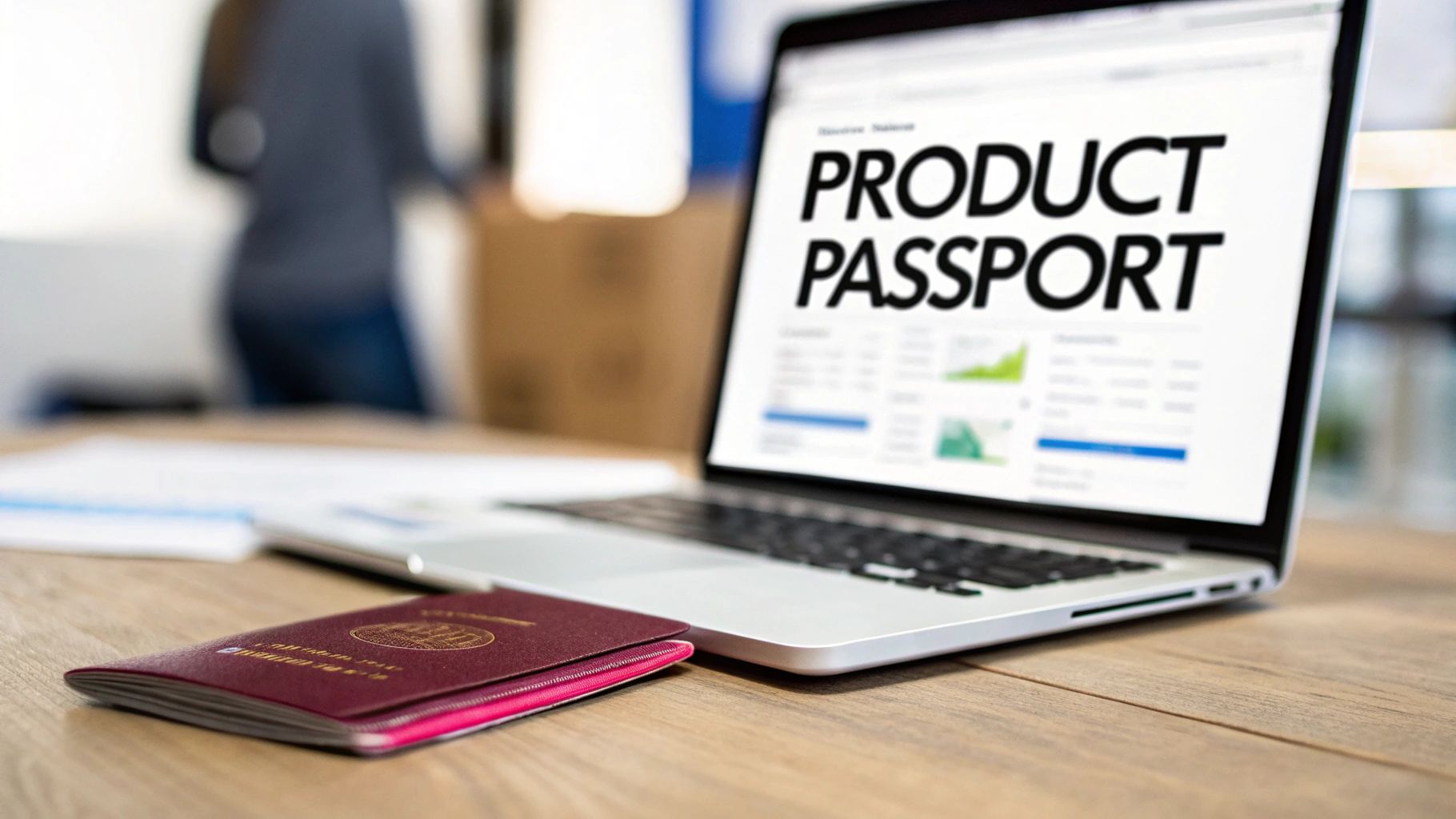 A laptop displaying 'PRODUCT PASSPORT' software next to a physical passport on a wooden desk.