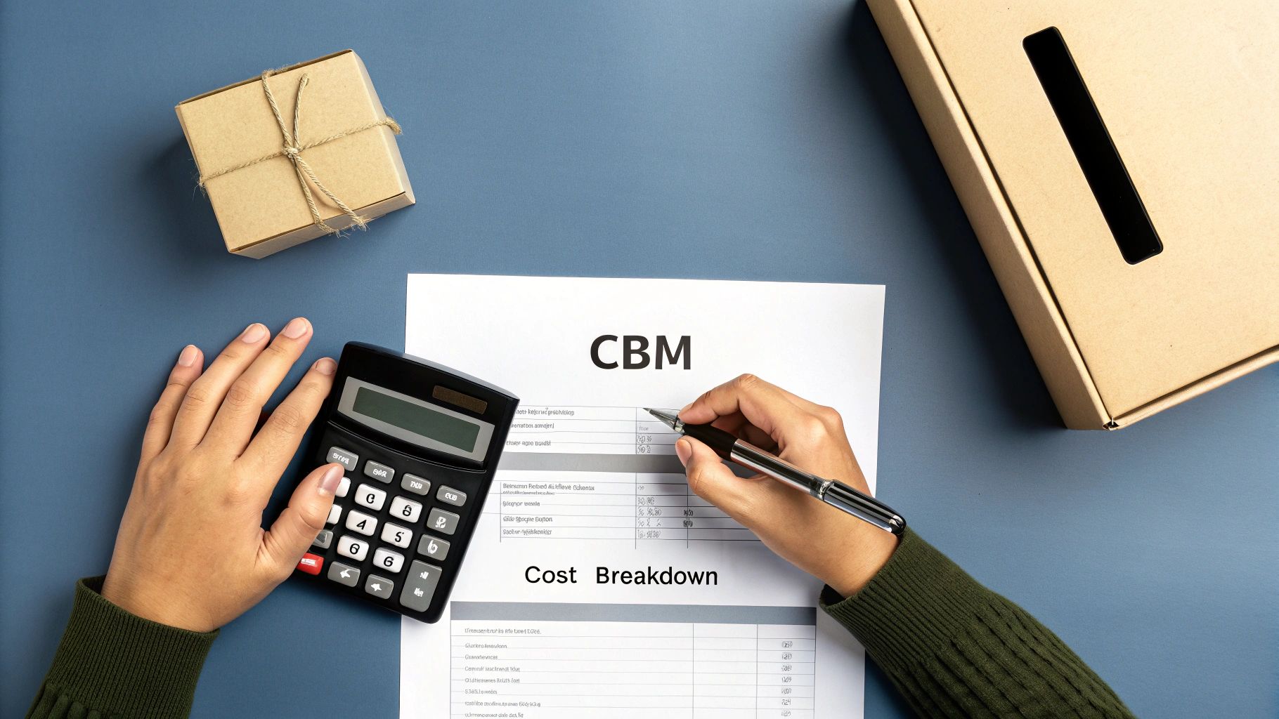 Overhead shot of hands calculating costs with a calculator and pen on a CBM cost breakdown document, surrounded by boxes.