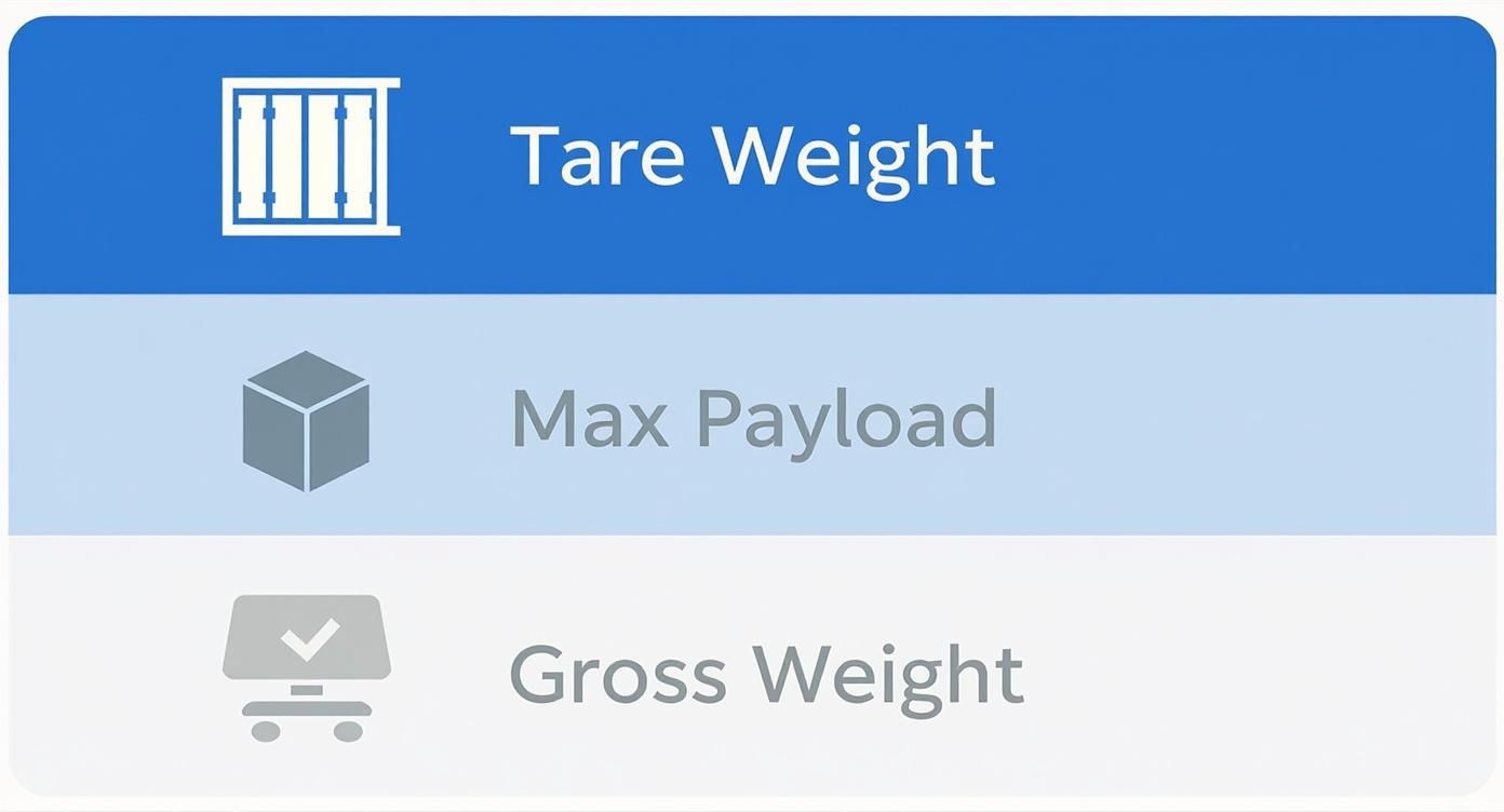 Infographic showing tare weight, max payload, and gross weight concepts for shipping containers