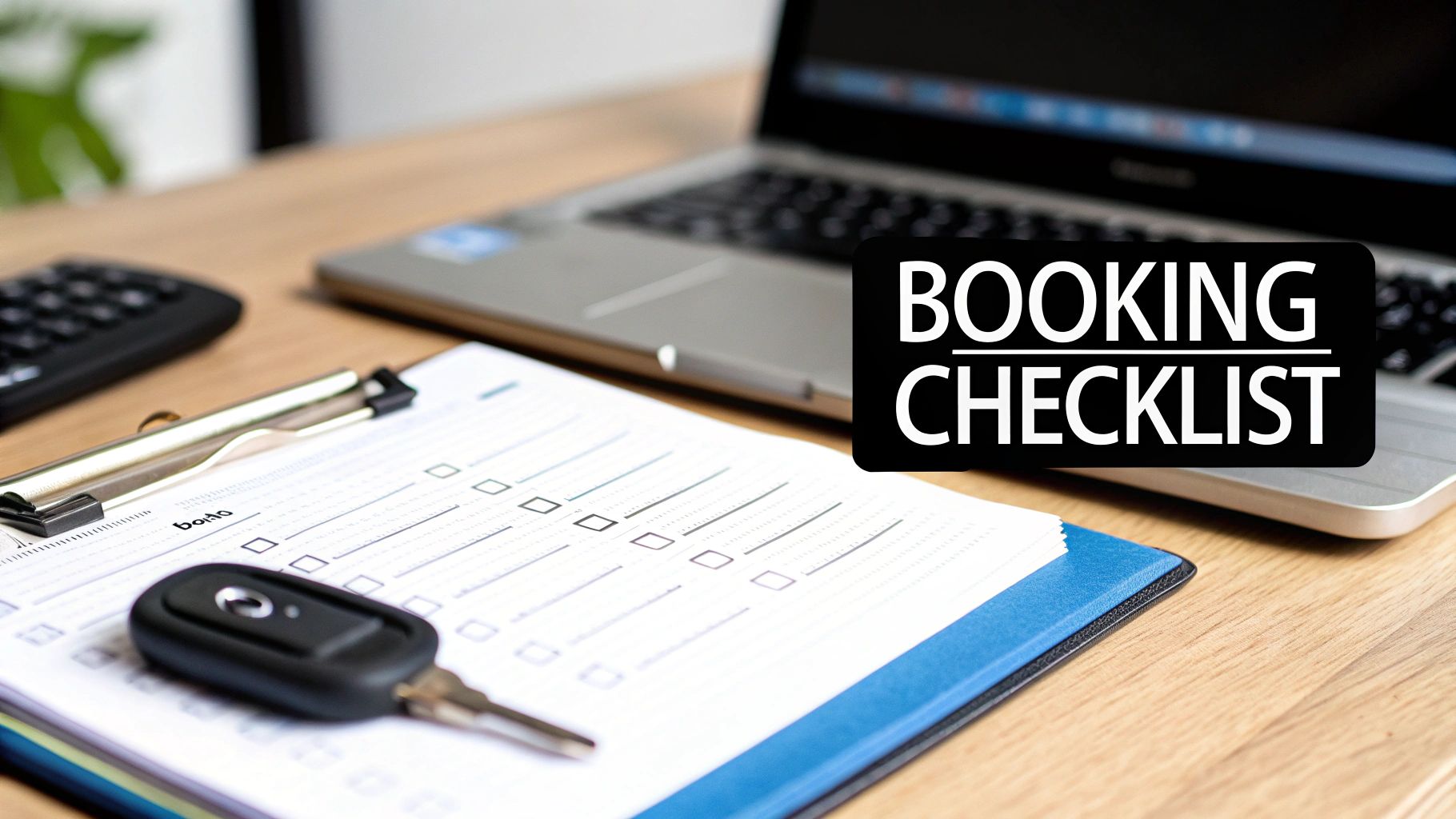 A 'Booking Checklist' on a clipboard with a car key, laptop, and calculator on a wooden desk.