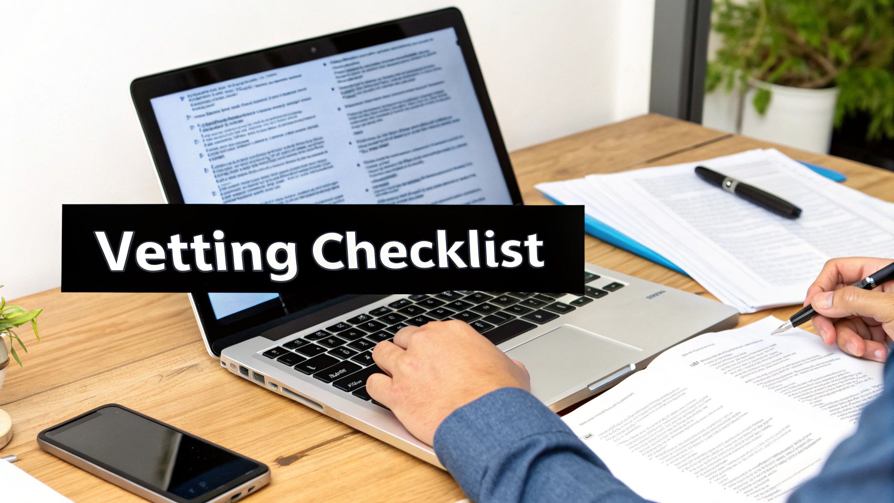 A person carefully examining a document with a magnifying glass in a well-lit, professional setting, symbolising the vetting process for sourcing agents.
