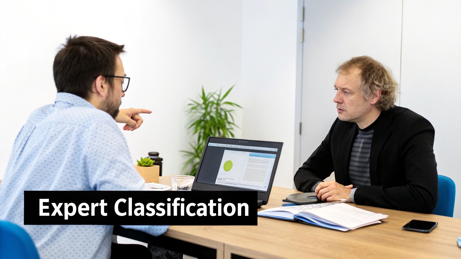 Two men sit at a desk, one pointing at a laptop screen during a business discussion.