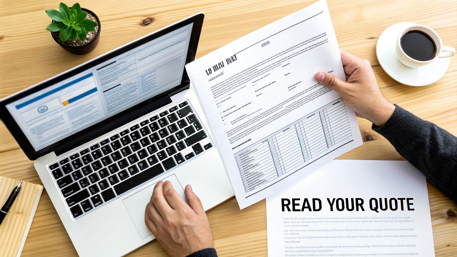 A person reviewing a shipping quote and customs documents with a calculator.