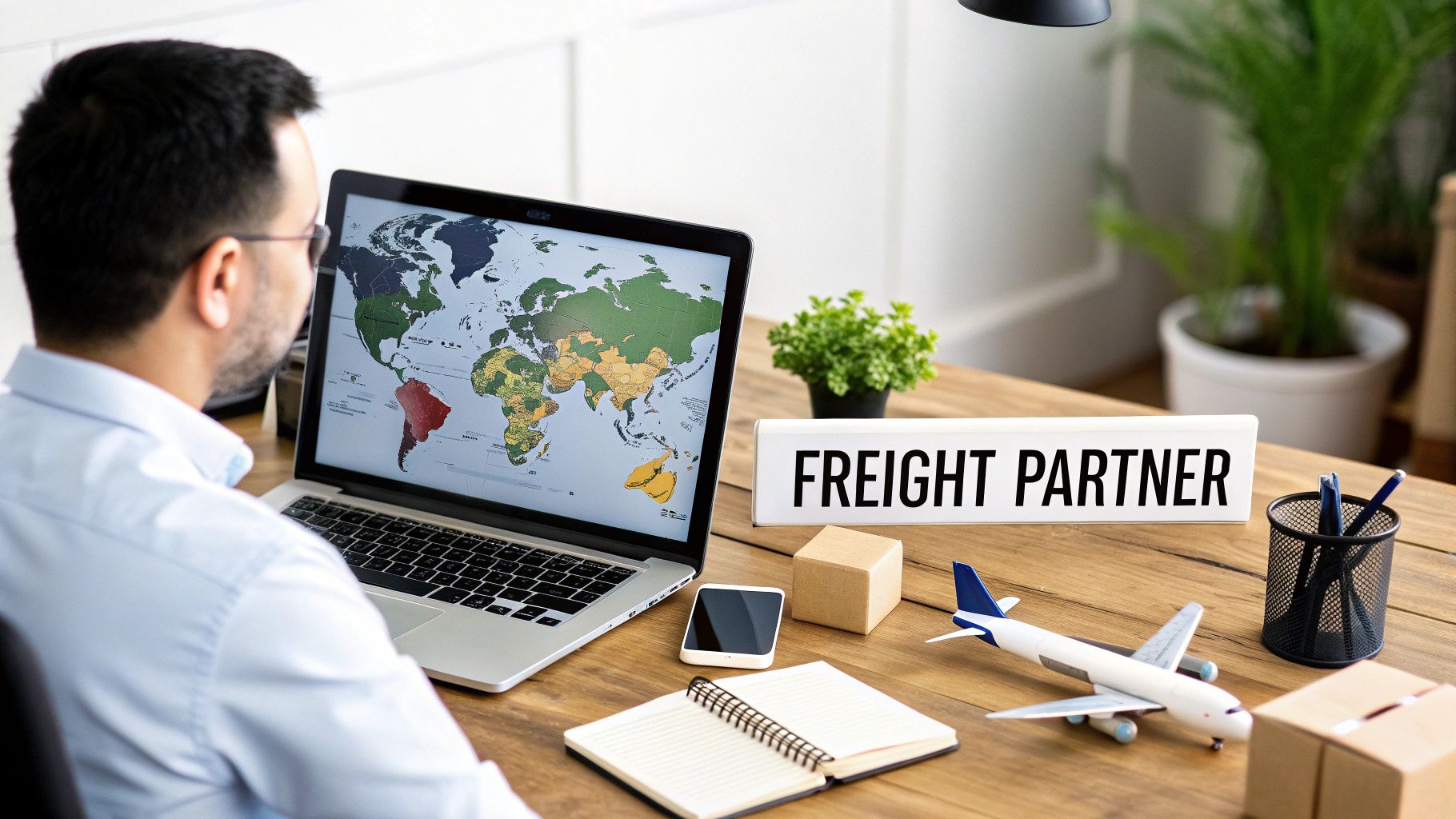 A man views a laptop with a world map, next to a 'FREIGHT PARTNER' sign on a wooden desk.