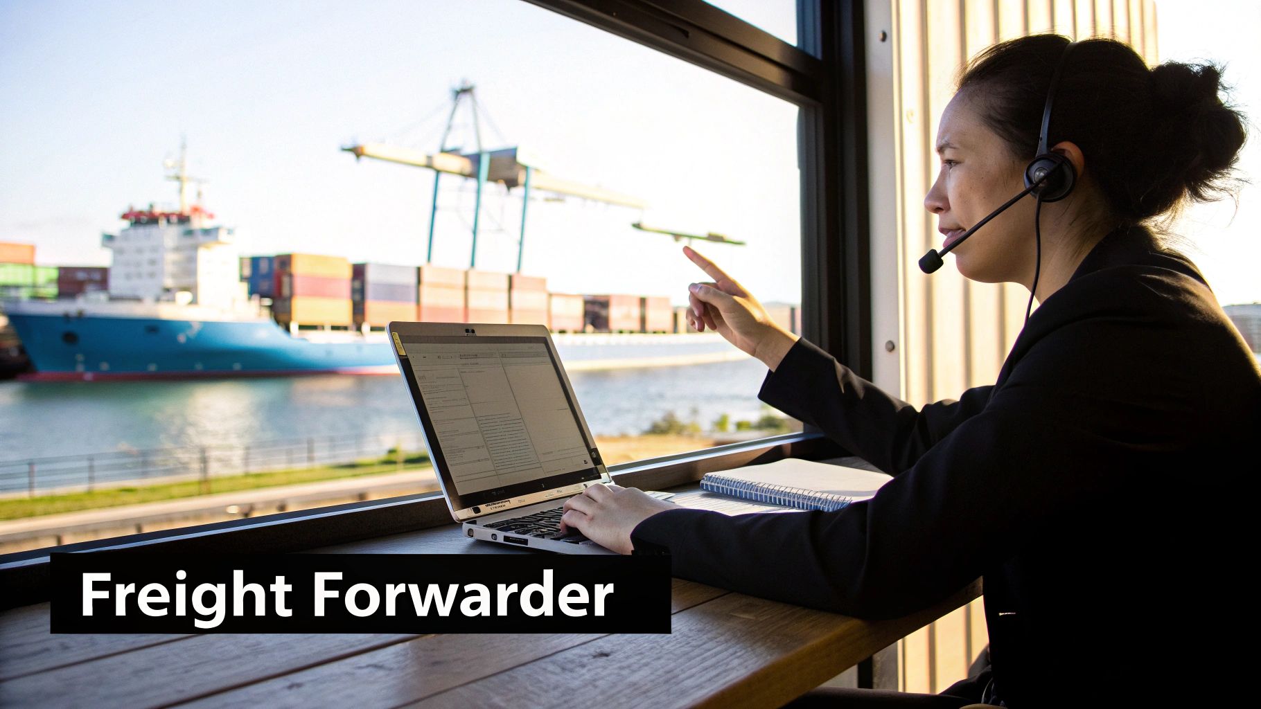 A freight forwarder works on a laptop with a headset, pointing towards a cargo ship and port.