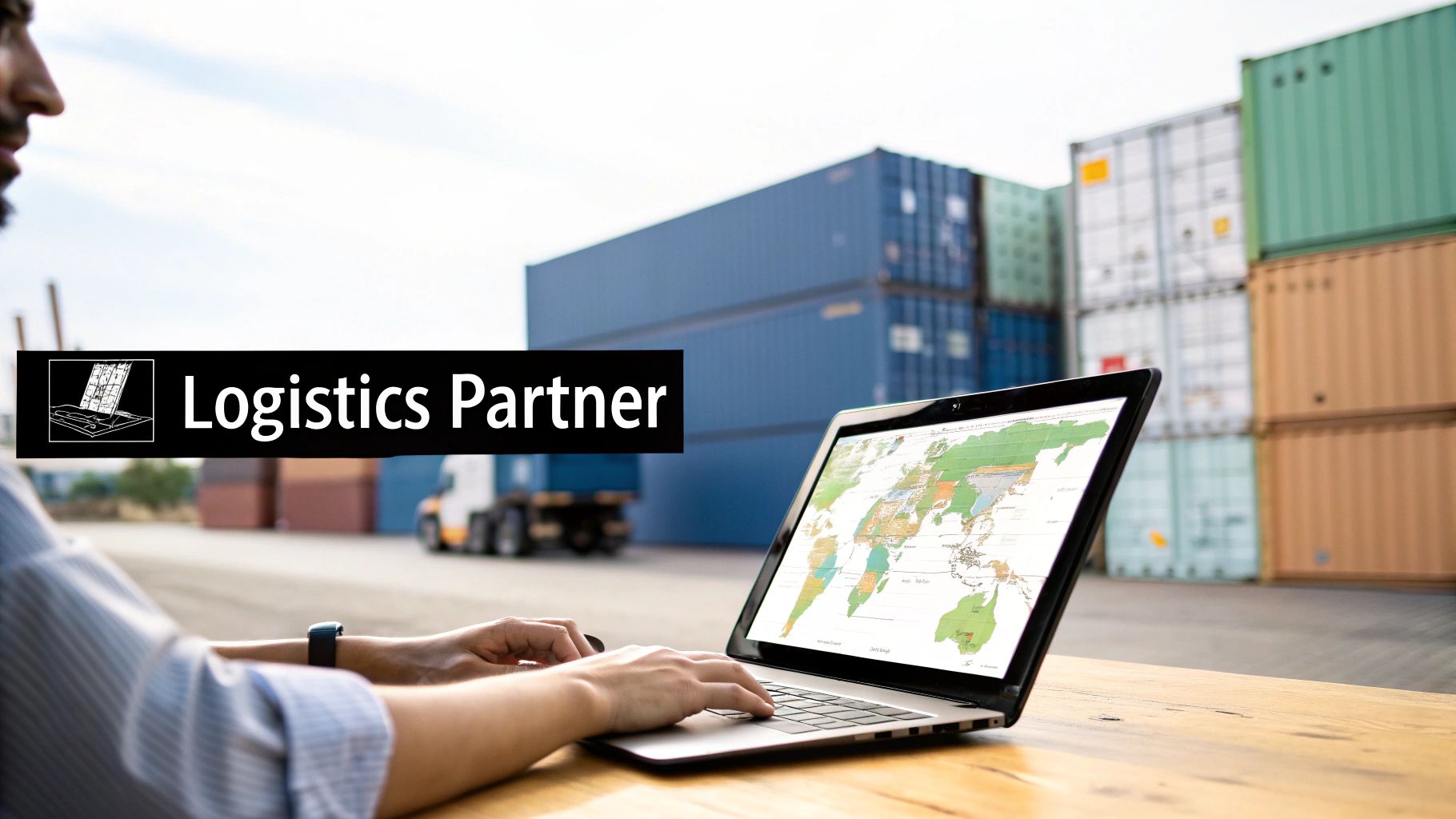 A person uses a laptop displaying a world map, with shipping containers and a truck in the background.