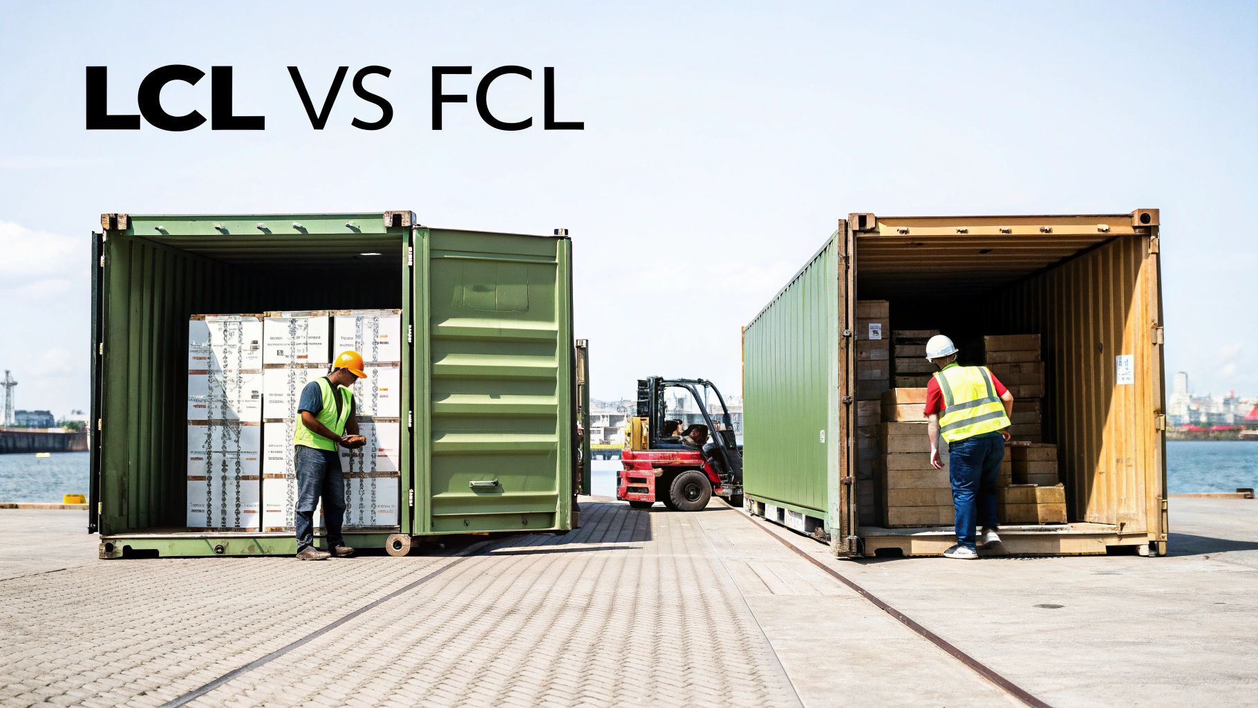 Dock workers load LCL and FCL shipping containers, illustrating less than container load and full container load.