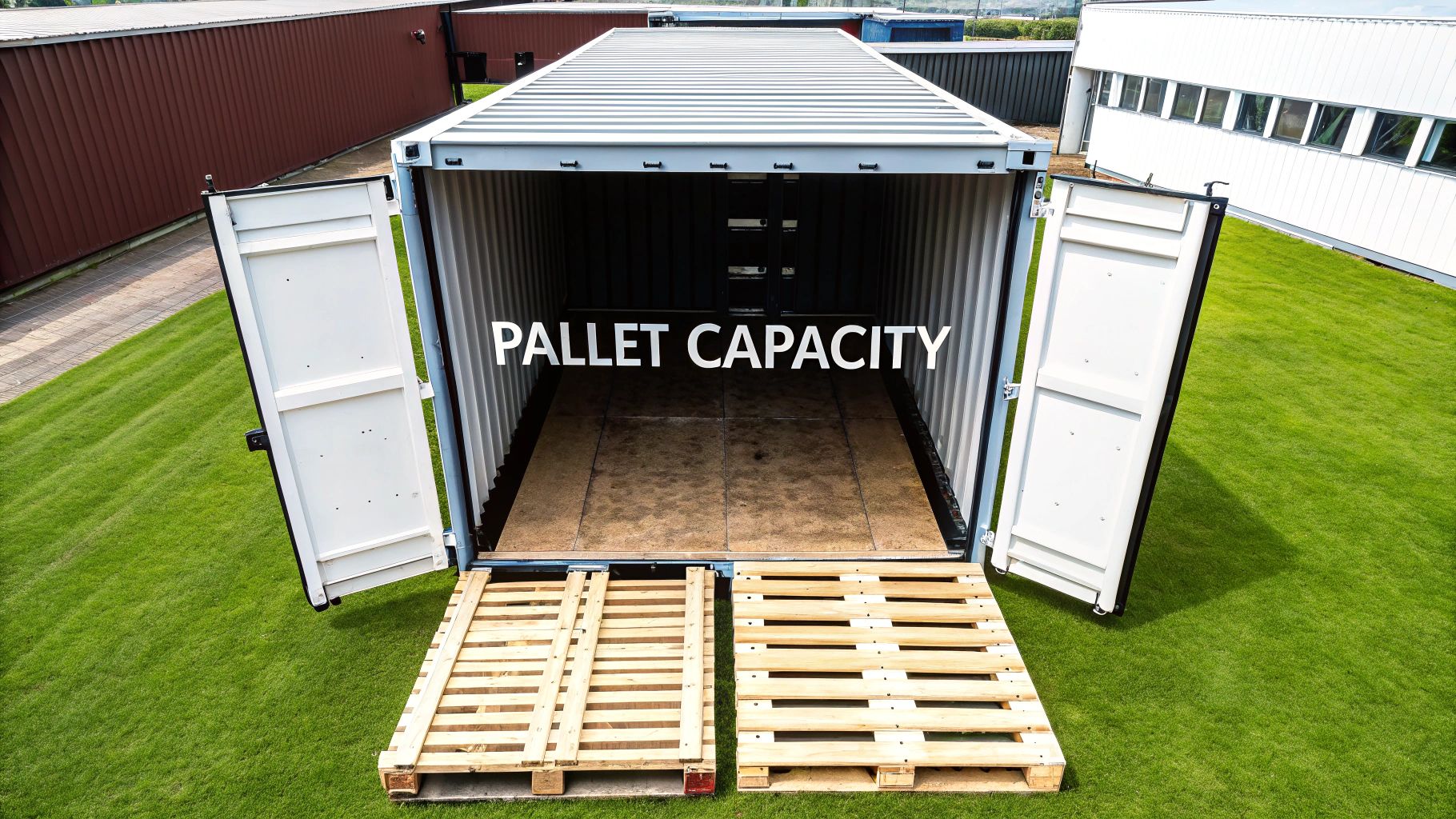 An open 20-foot shipping container with two wooden pallets on grass, showcasing its pallet capacity.