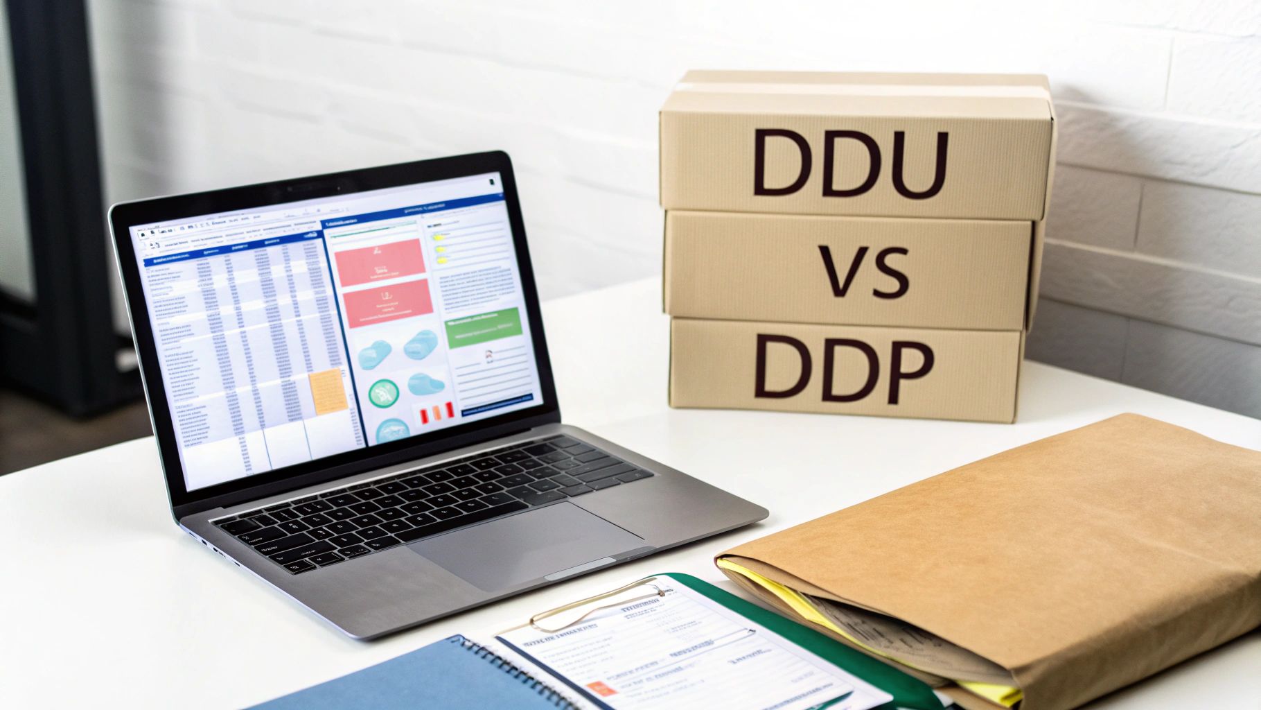 A logistics manager reviewing shipping documents with cargo containers in the background, illustrating the complexities of DDU DDP incoterms.