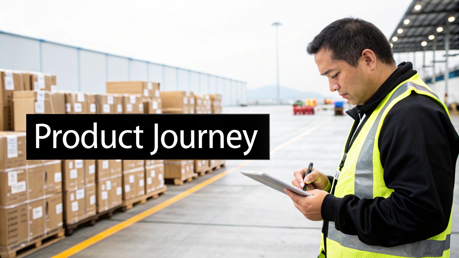 A logistics worker in a yellow vest checks inventory on a tablet in an outdoor warehouse with 'Product Journey' text.