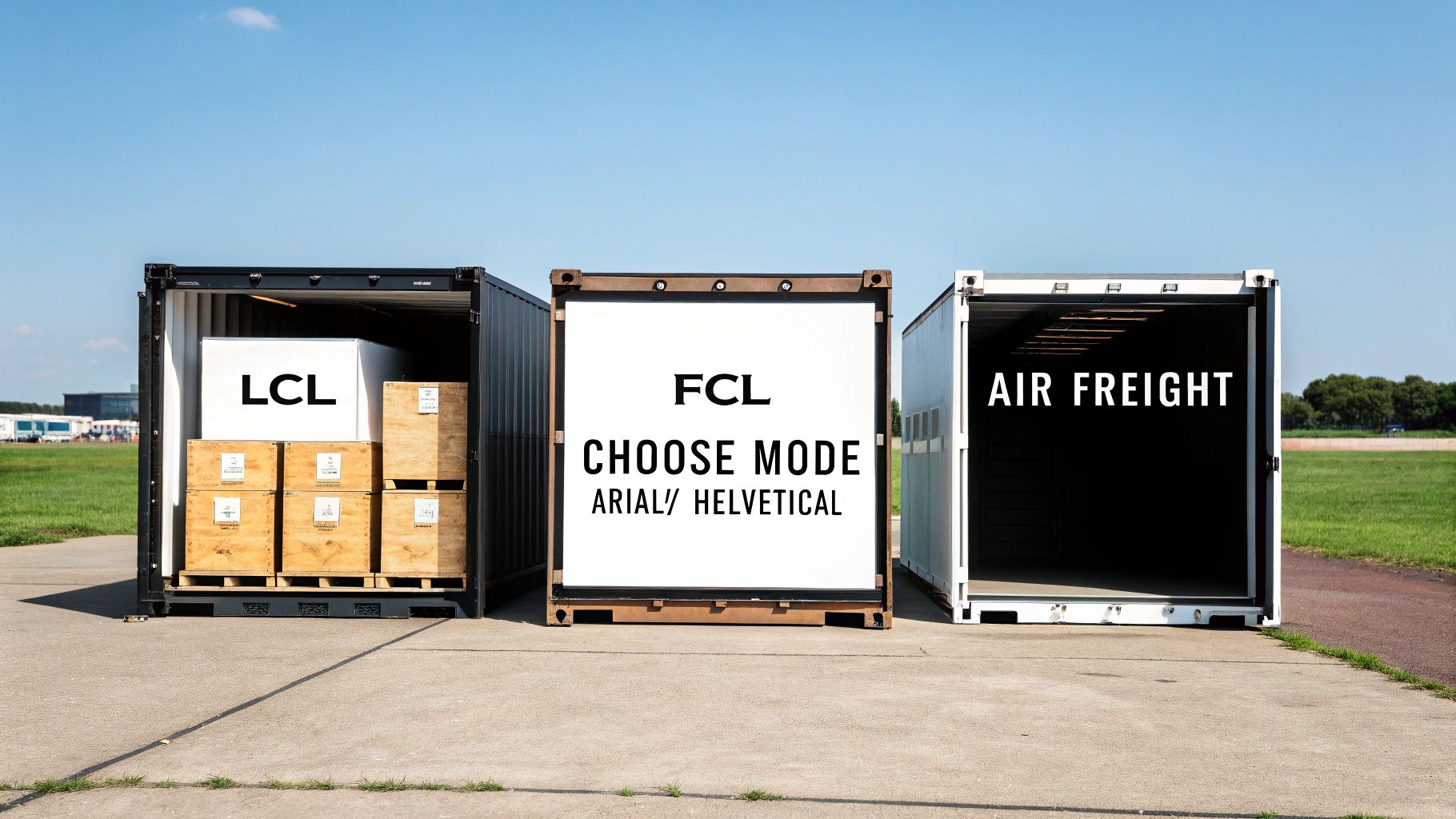 An airplane in the sky, a cargo ship on the sea, and trucks on a highway, representing different freight options.