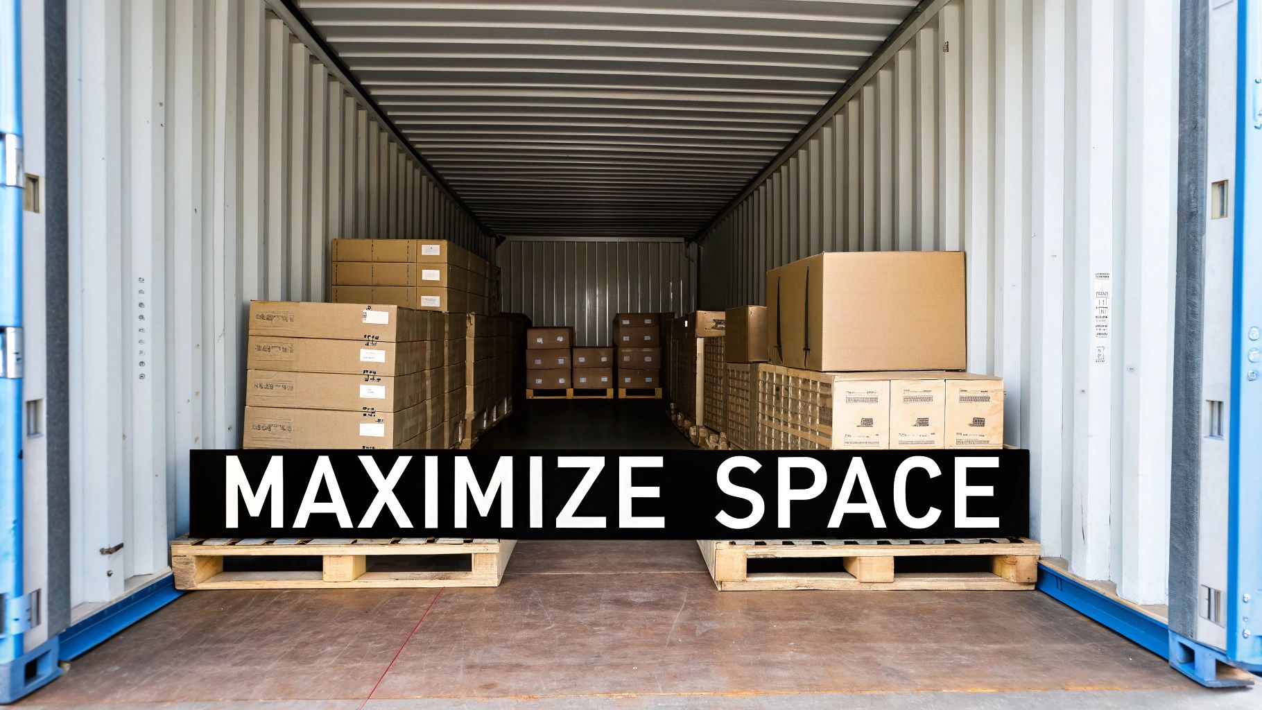 Inside an open shipping container, cardboard boxes are stacked on wooden pallets, with the text 'MAXIMIZE SPACE' overlaid.