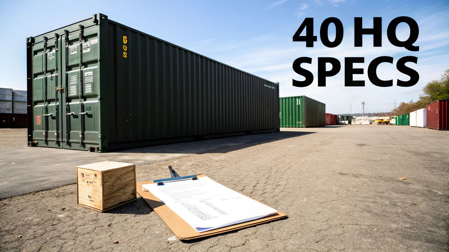 A large green 40 HQ shipping container in a yard with '40 HQ SPECS' overlay, clipboard, and box.