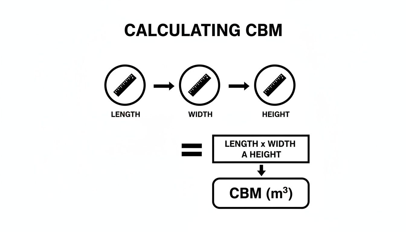 A diagram illustrating the calculation of CBM (Cubic Meters) from length, width, and height.