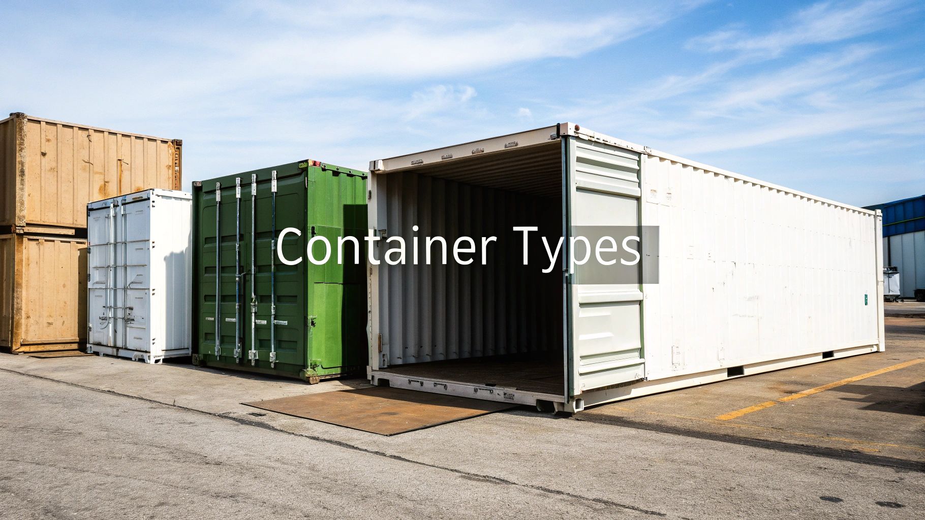 Multiple shipping containers in various colors, with a large white container open, showcasing different container types.