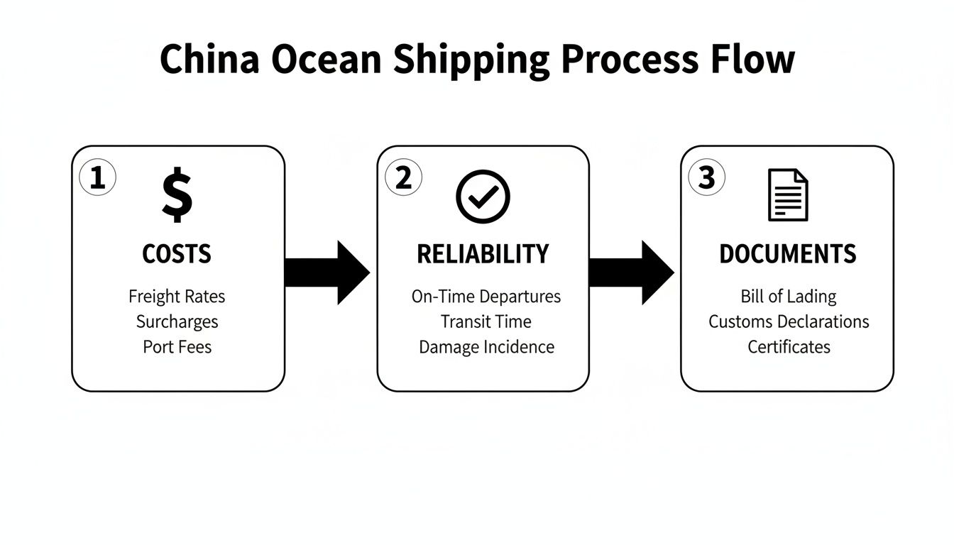 Diagram showing the China Ocean Shipping process flow, detailing costs, reliability, and required documents.