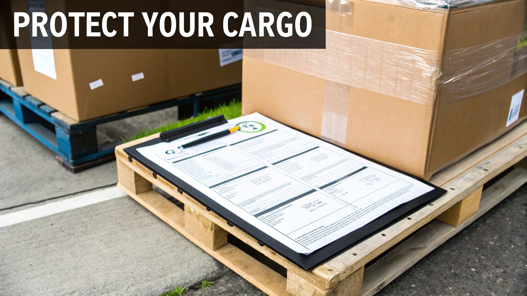 Clipboard with shipping documents on wooden pallet next to wrapped cardboard boxes in warehouse