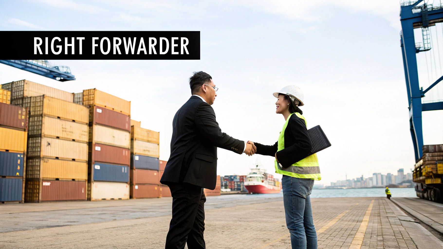 Two professionals in business and safety attire shaking hands at a busy shipping port.