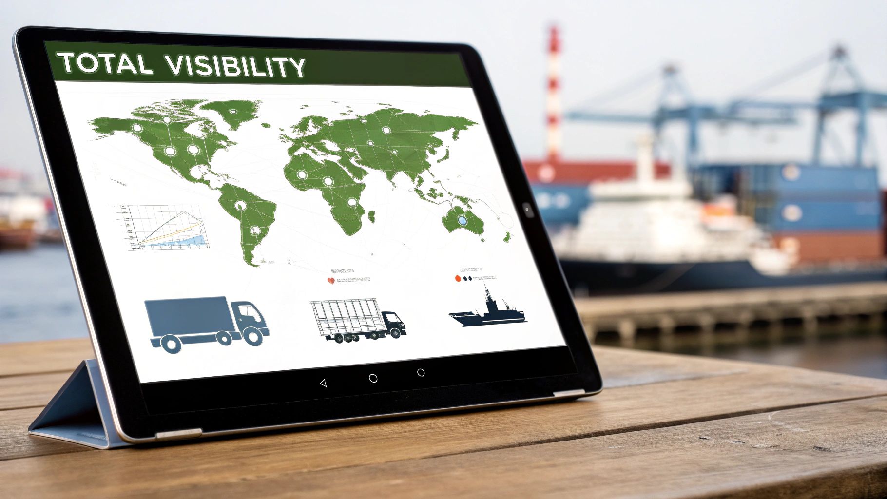 Digital tablet displays a supply chain map and logistics vehicles at a busy cargo port.