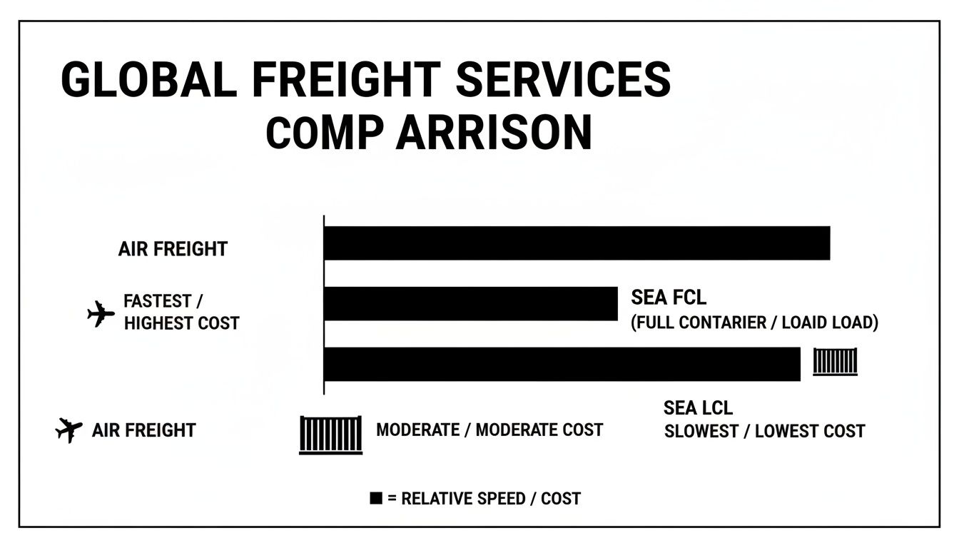 Bar chart comparing global freight services: Air Freight (fastest, highest cost) versus Sea FCL and Sea LCL (slowest, lowest cost).