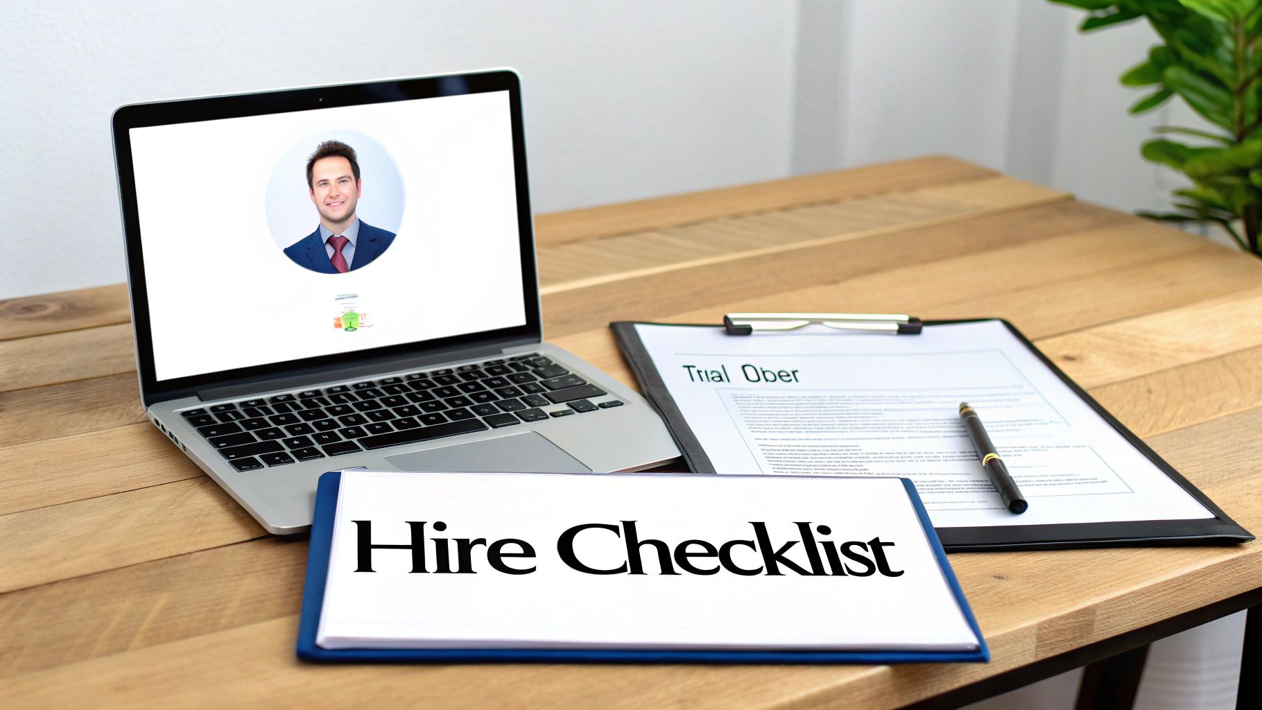 A desk with a laptop displaying a man's profile, a clipboard for 'Hire Checklist', and 'Trial Ober' document.