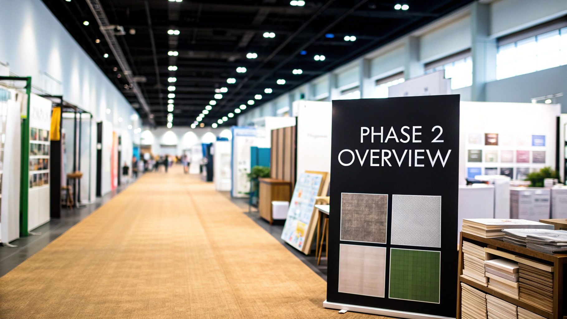 An aerial view of the expansive Canton Fair complex with crowds of people walking between exhibition halls.