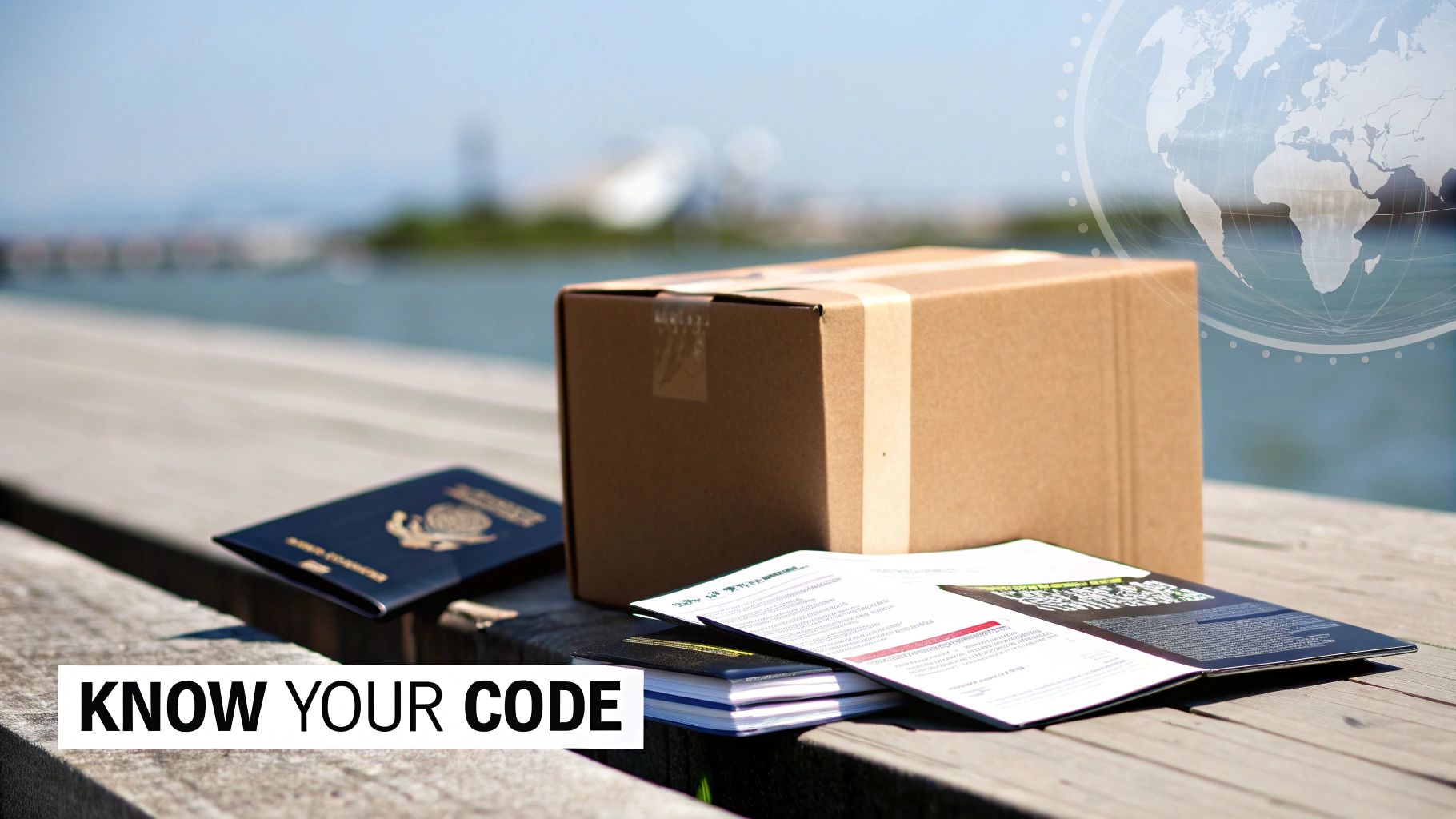 A cardboard box, passport, and documents on a wooden dock, symbolizing international shipping and trade.