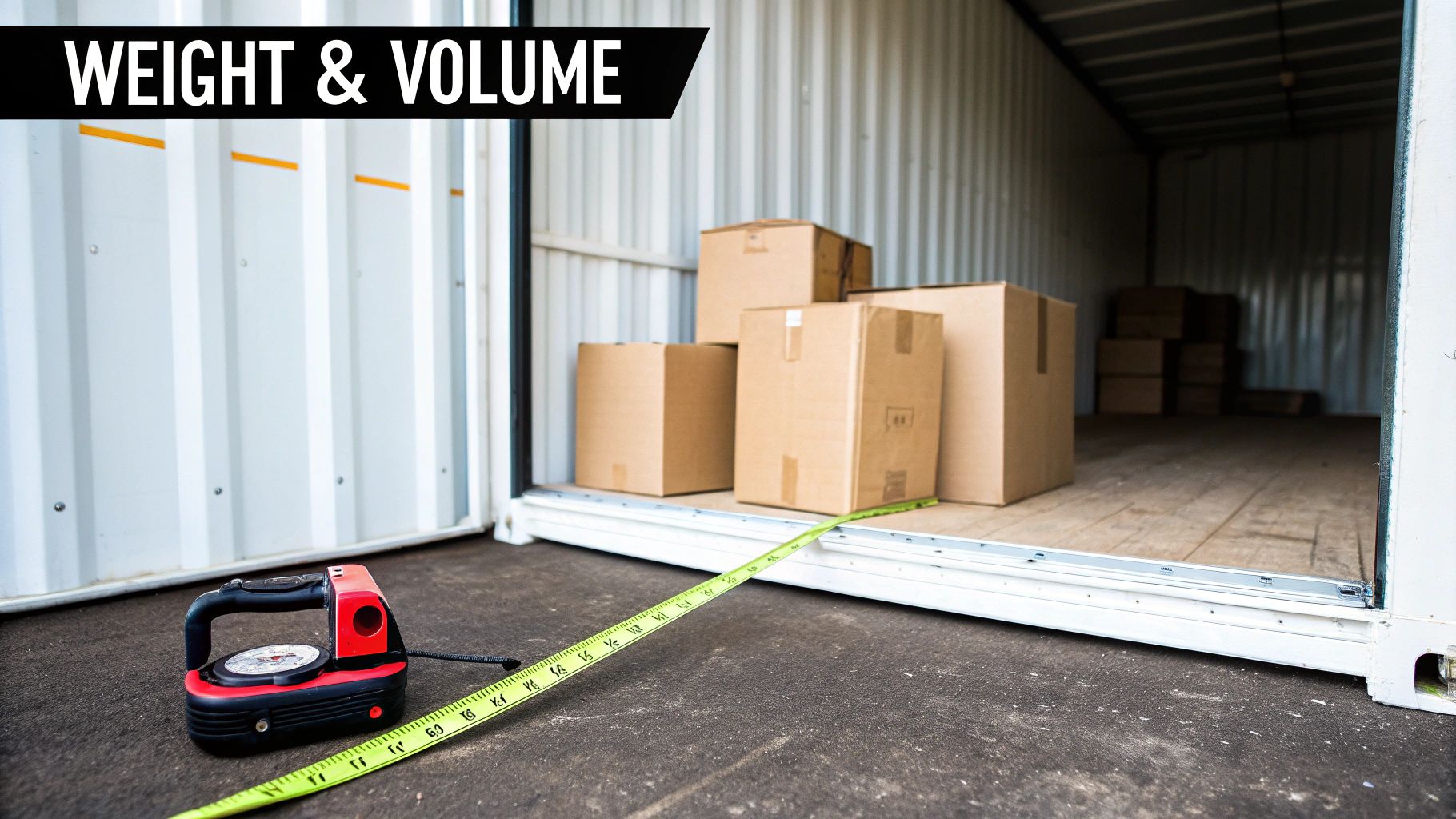 A shipping container being weighed on a large industrial scale