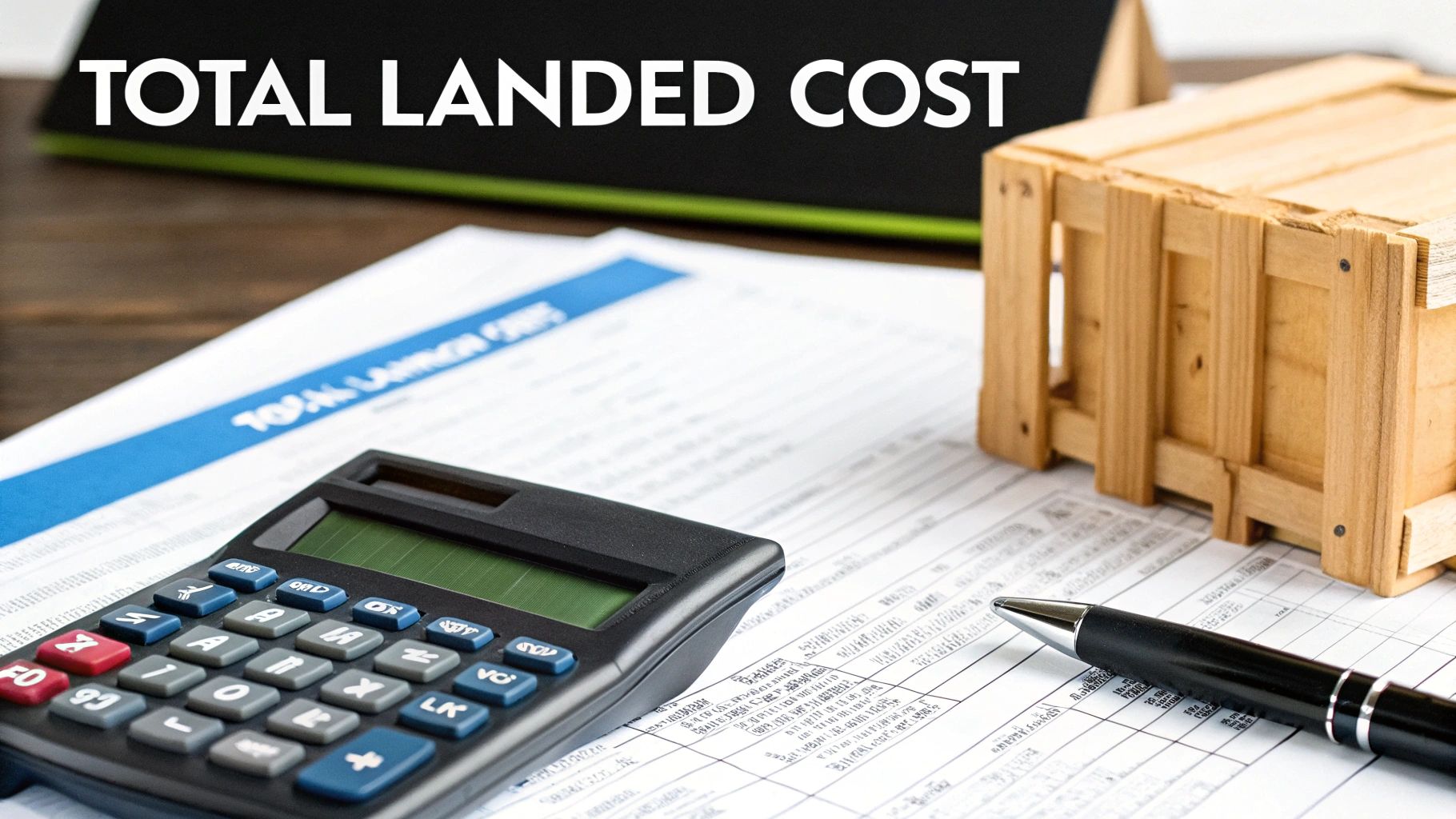 Mechanic's hands using a calculator in a workshop with auto parts in the background