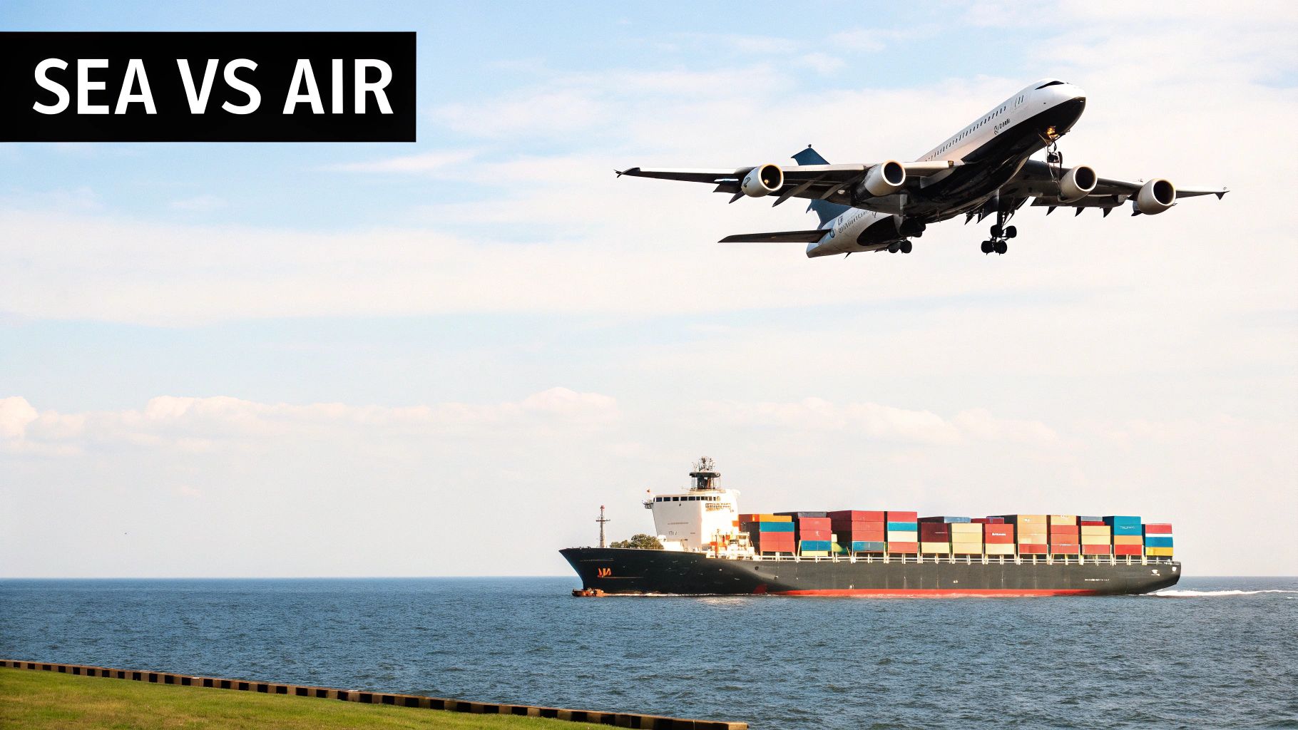 Commercial airplane flying above cargo container ship at sea comparing air and sea freight transportation