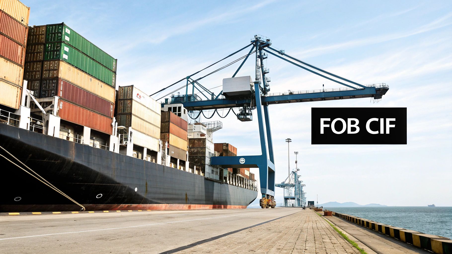 A large container ship docked at a port with a gantry crane and "FOB CIF" text, representing trade terms.