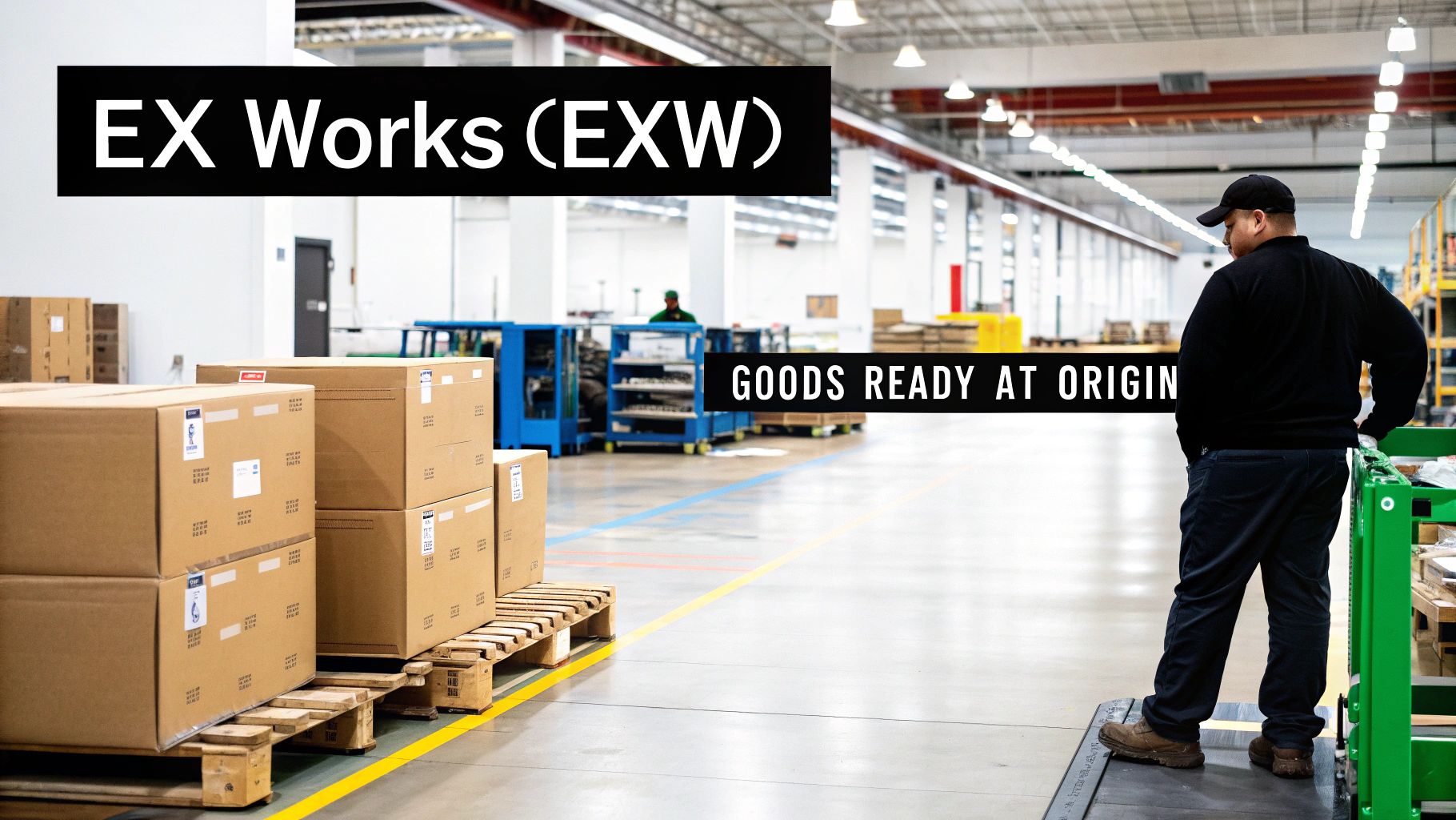 A logistics manager reviewing shipping documents in a busy warehouse, representing the responsibilities of an EXW transaction.