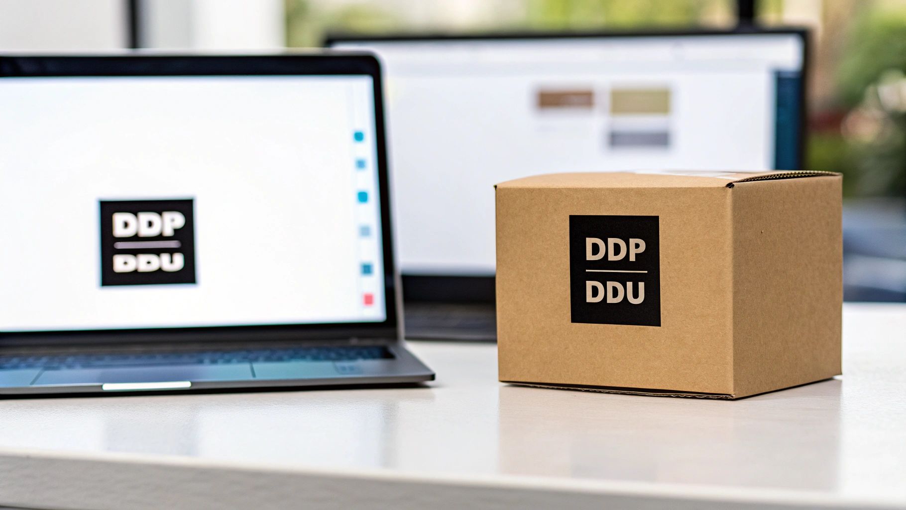 A laptop and a cardboard box with DDP/DDU logo on a white desk, illustrating shipping terms.