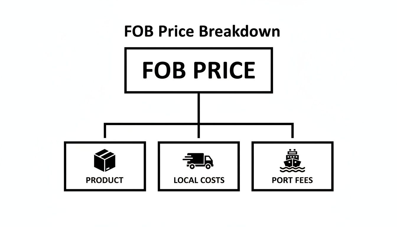 A diagram illustrating the breakdown of an FOB price into product, local costs, and port fees.
