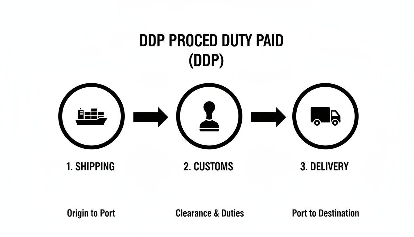Flowchart detailing the Delivered Duty Paid (DDP) shipping process from origin to final destination, including customs.