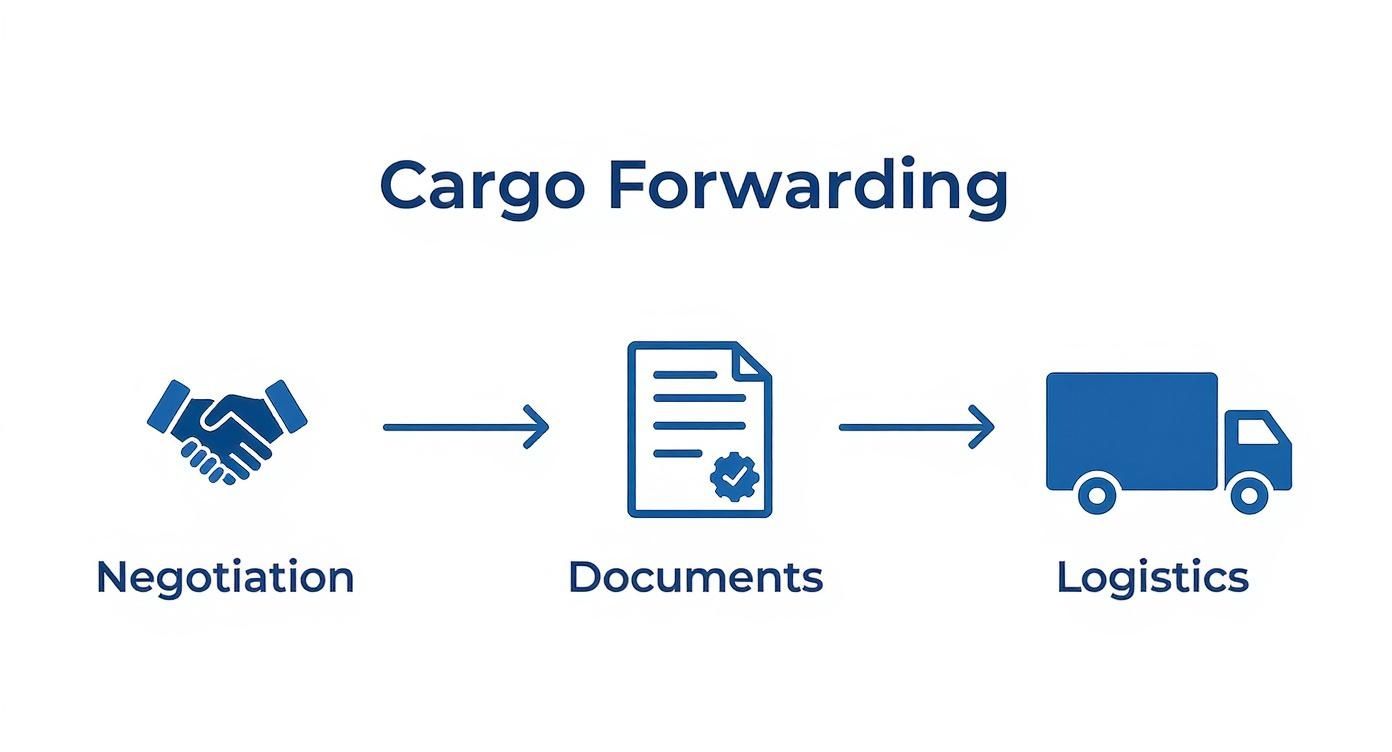 Cargo forwarding process showing three stages: negotiation handshake, shipping documents verification, and logistics delivery truck