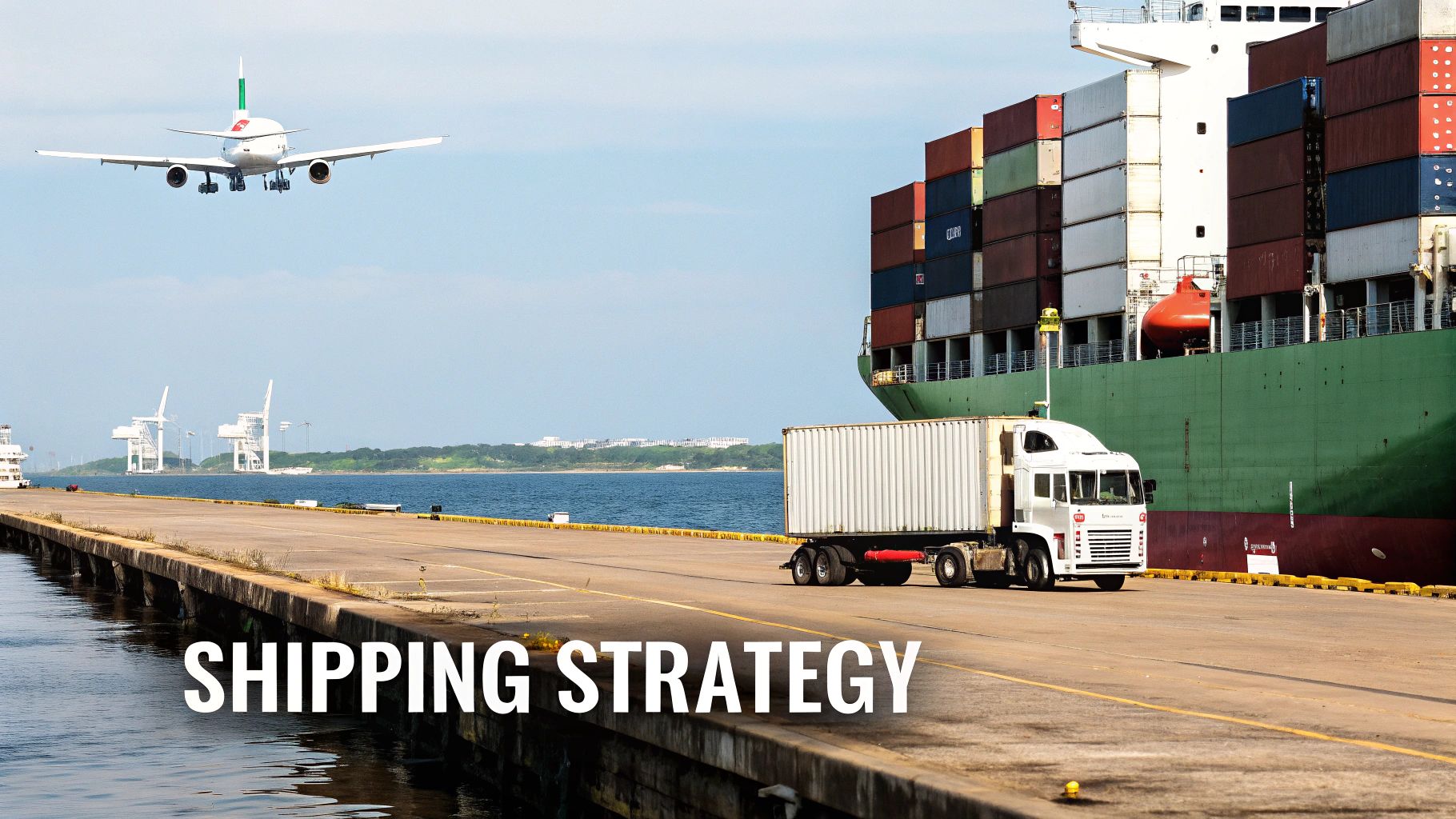 Container ship being loaded with cargo containers under a blue sky