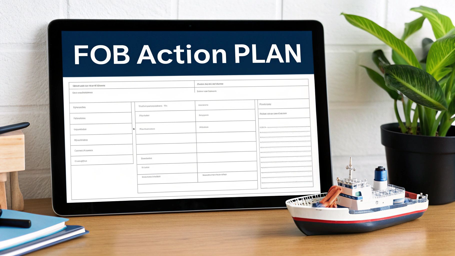 A tablet displays an 'FOB Action PLAN' document, with a model ship and green plant on a wooden desk.