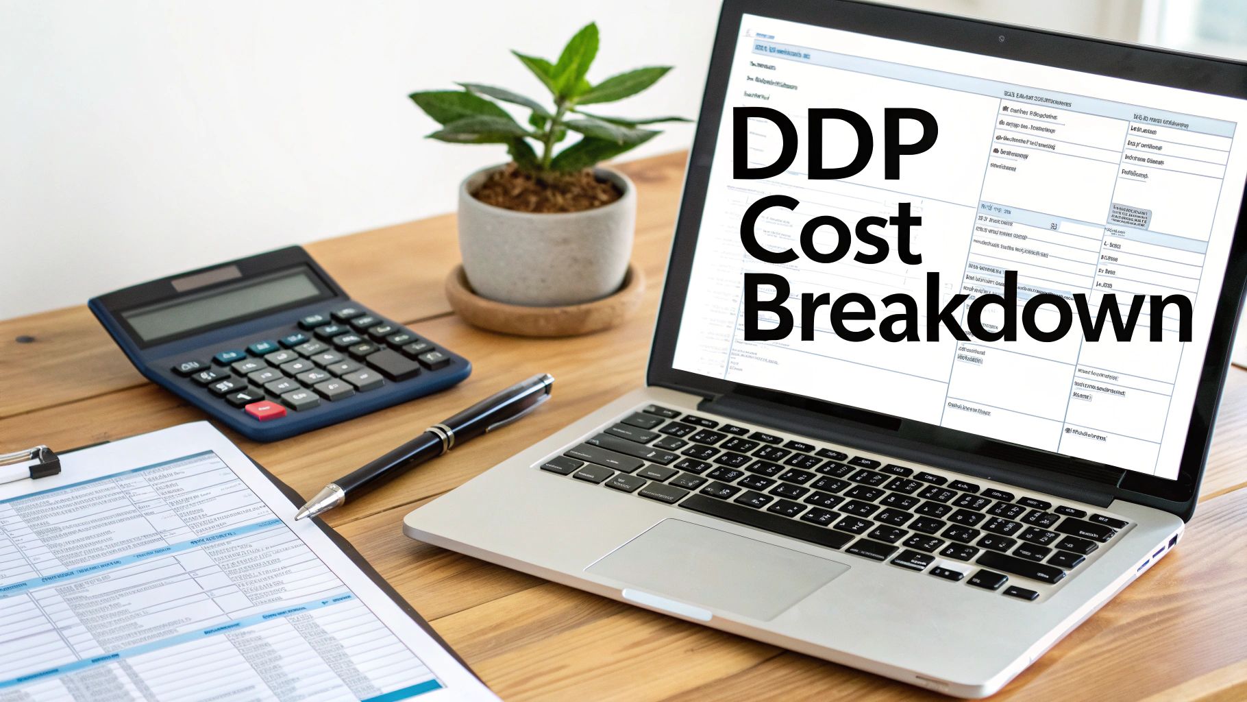 A desk with a laptop displaying 'DDP Cost Breakdown', calculator, pen, and spreadsheet, indicating financial analysis.