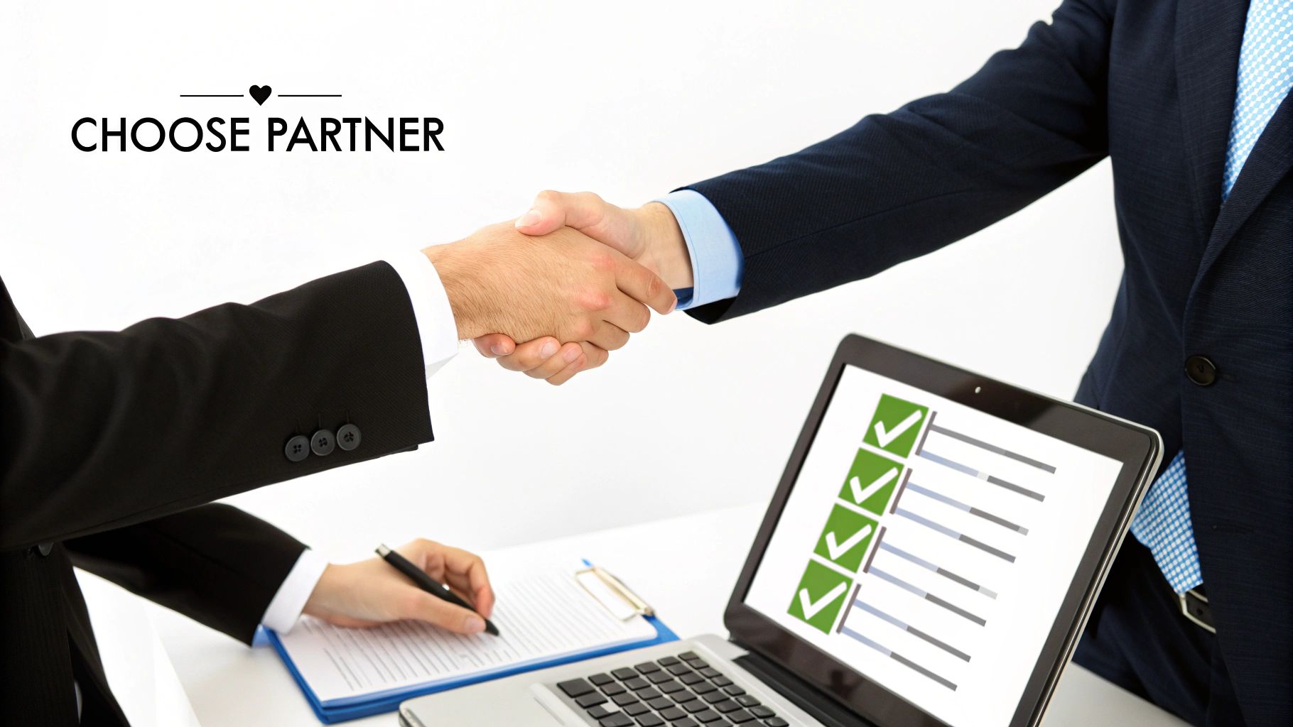 Two businessmen shaking hands, one writing on a clipboard, and a laptop displaying a checklist. Text: CHOOSE PARTNER.
