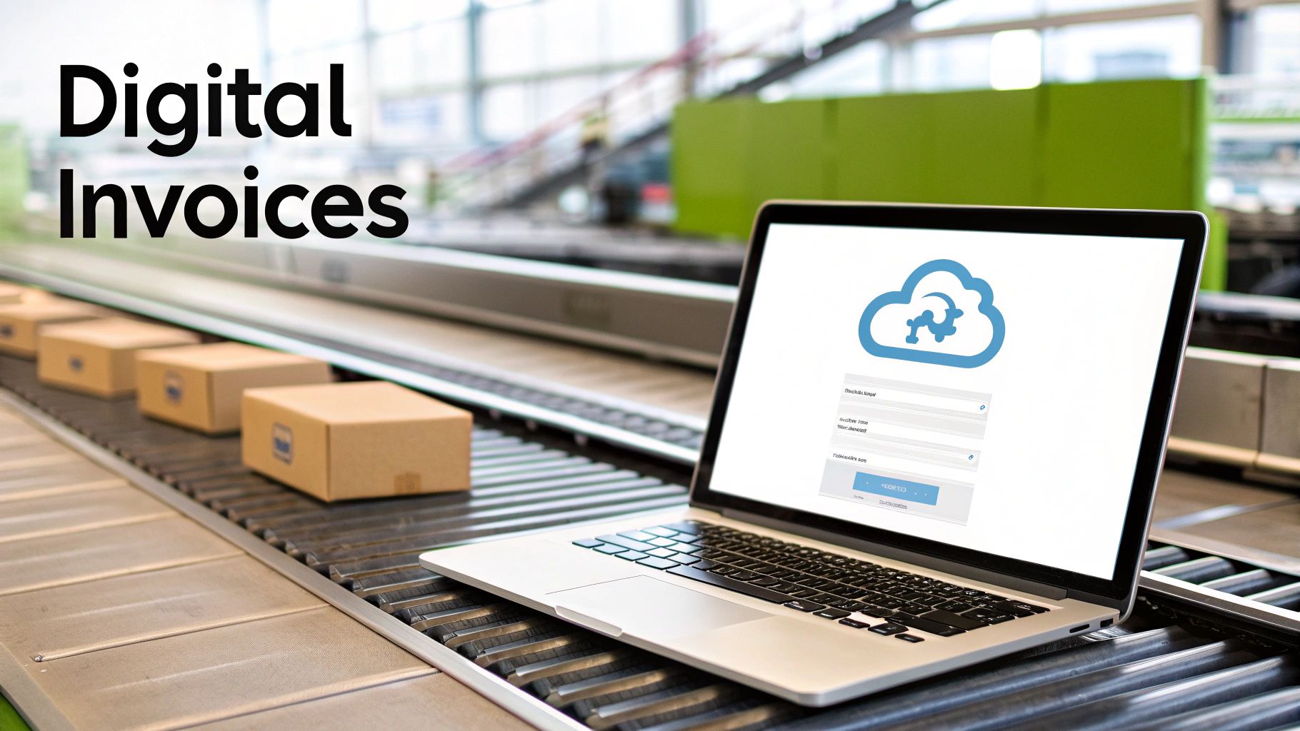 A person using a tablet to review digital documents with shipping containers in the background, representing modern logistics.