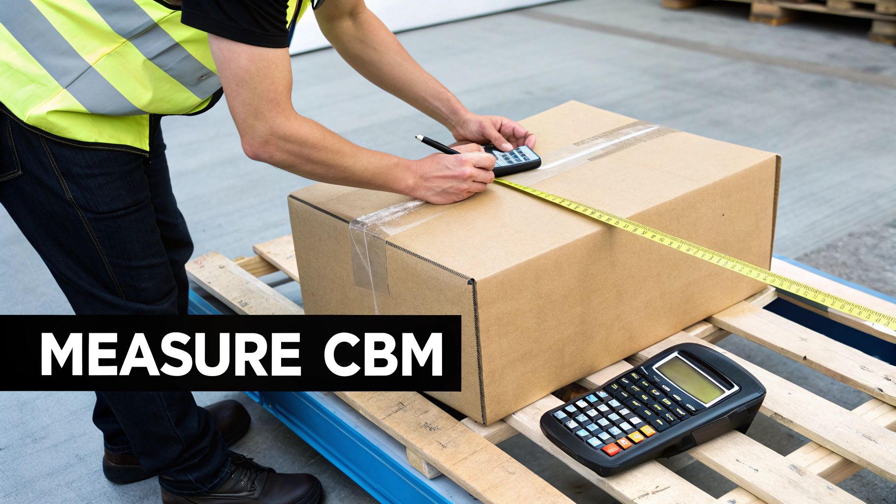 A person using a tape measure on a cardboard box, with other shipping boxes and a pallet in the background.