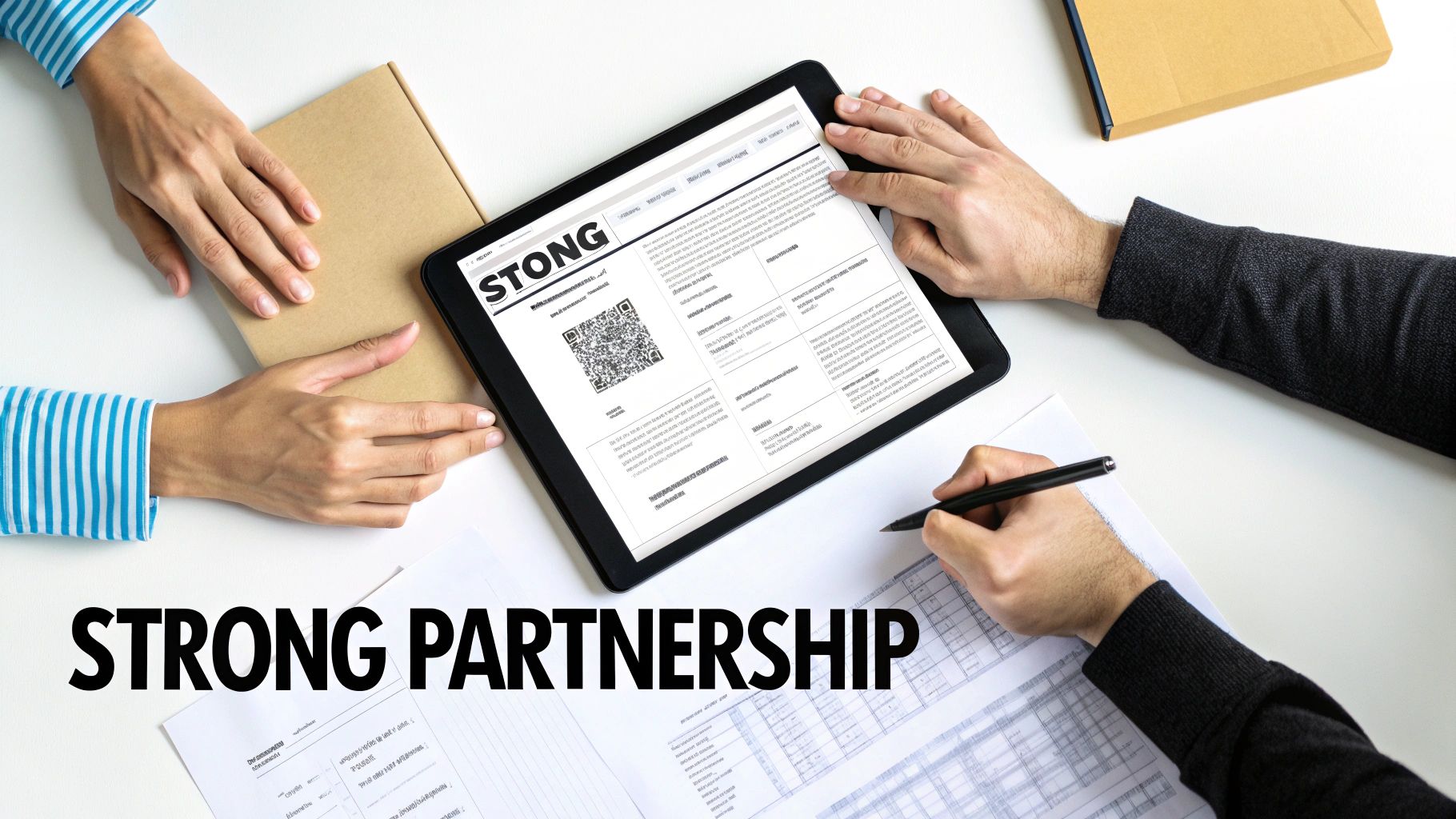 Three pairs of hands interacting on a desk with a tablet, documents, and a box, symbolizing strong business partnership.