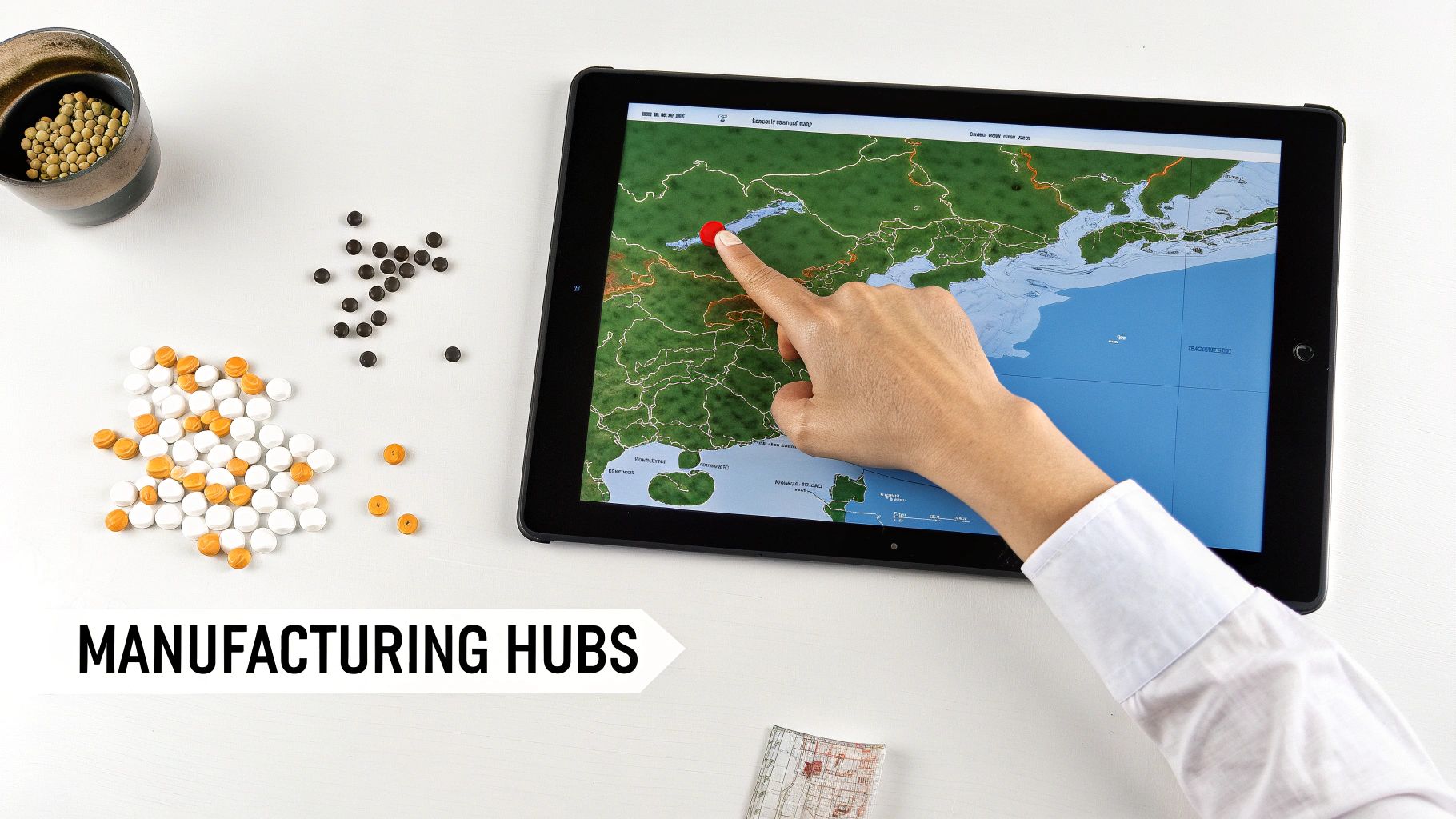 A person's hand interacts with a tablet showing a map with a red pin, surrounded by small objects and the text 'MANUFACTURING HUBS'.