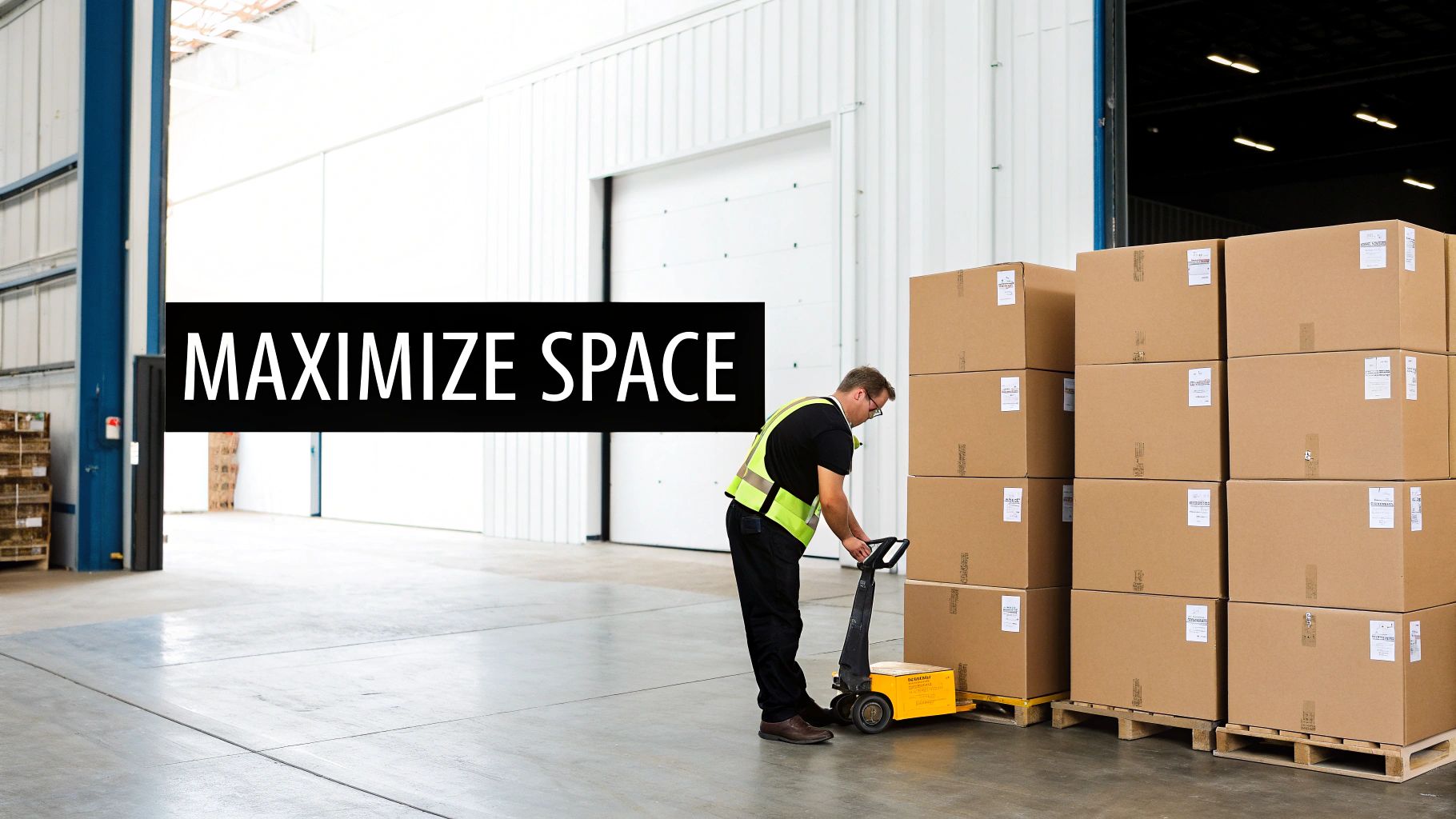 A warehouse worker in a high-visibility vest operates a pallet jack near stacks of cardboard boxes.
