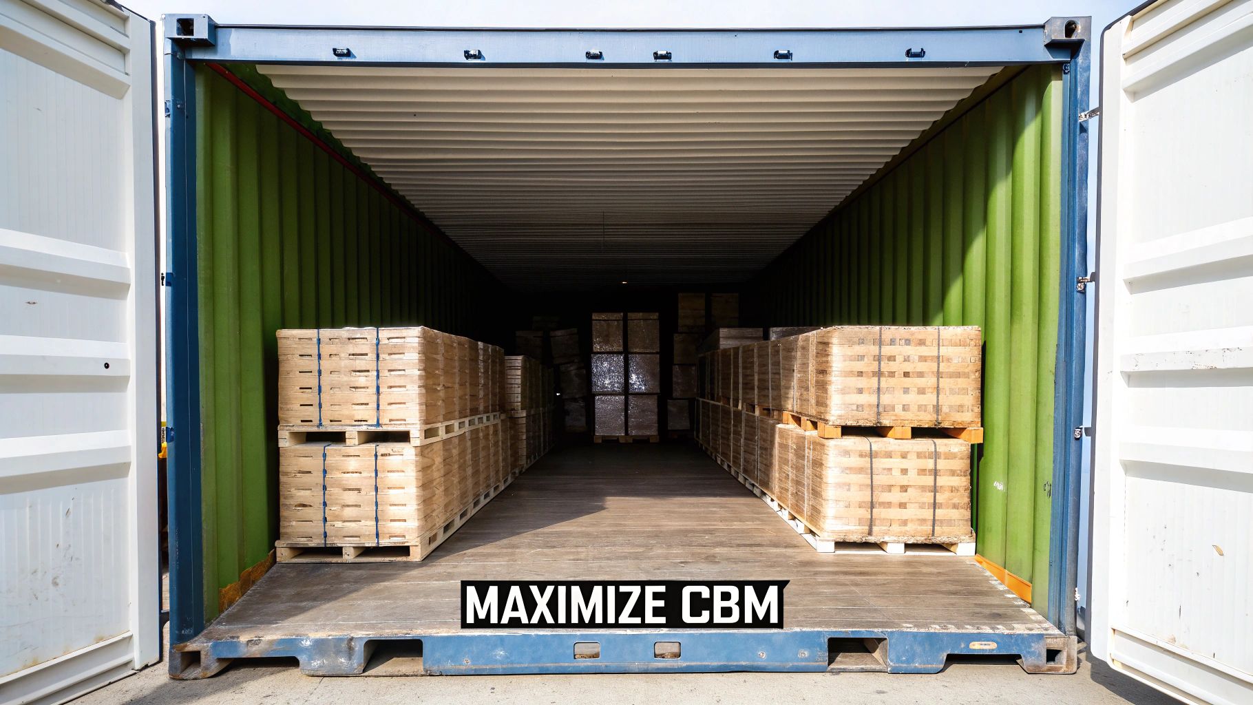 An open shipping container partially loaded with stacks of wooden crates on pallets, maximizing CBM.