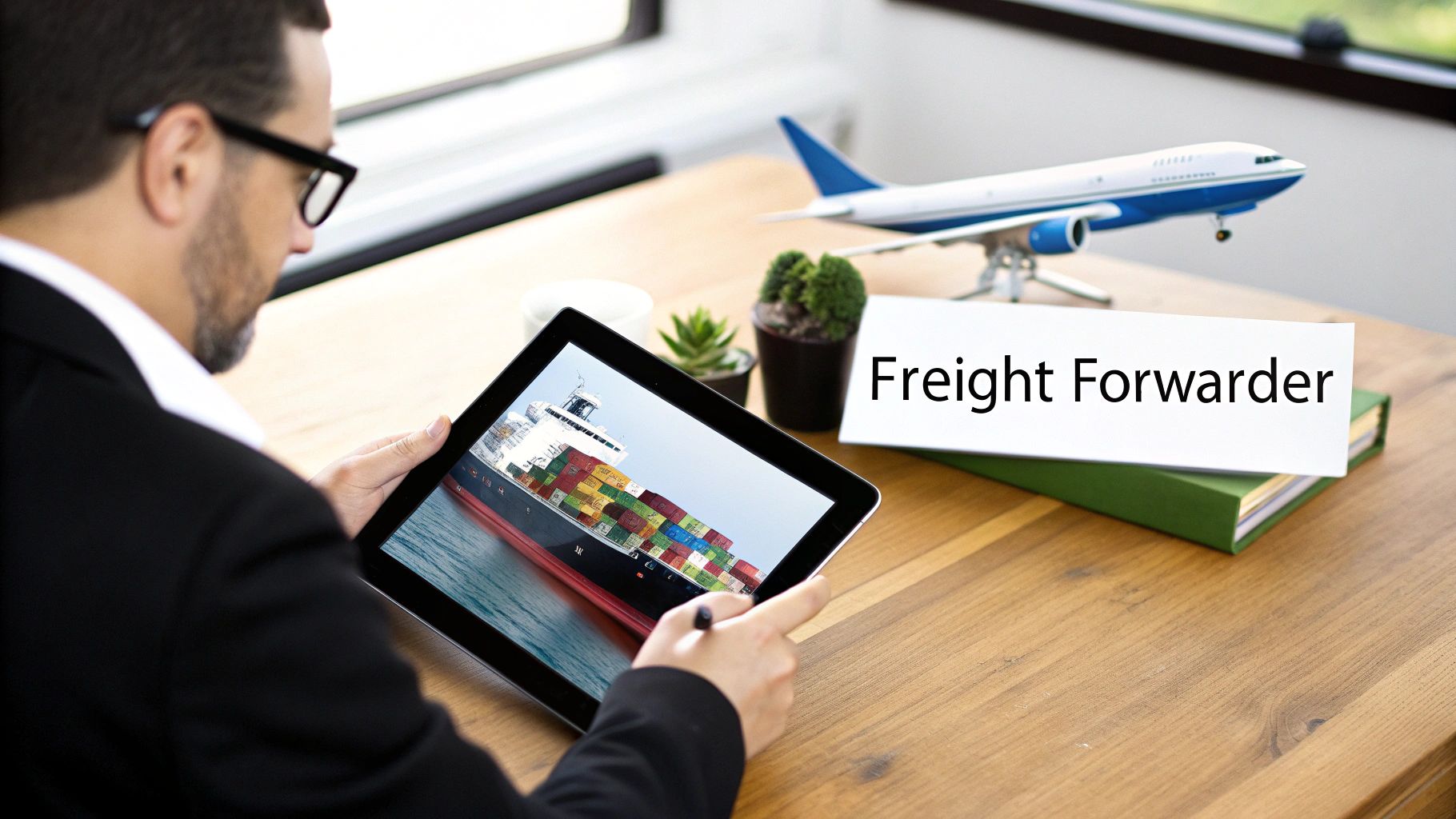 A professional man reviews shipping logistics on a tablet, with a 'Freight Forwarder' sign and airplane model.